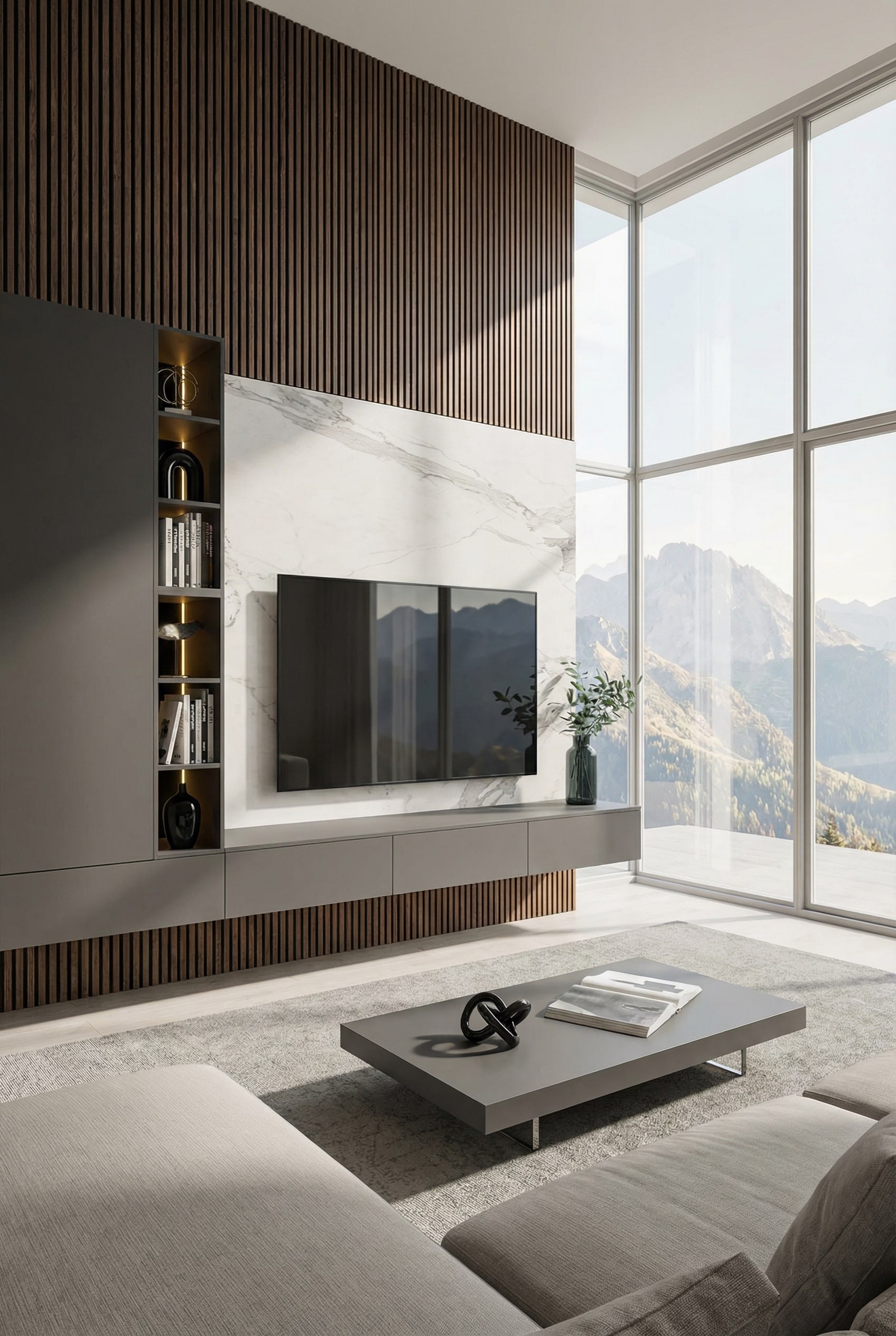 Luxurious wall unit with ceramic fronts in marble look and wooden slats Luxurious wall unit with ceramic fronts in marble look and wooden slats