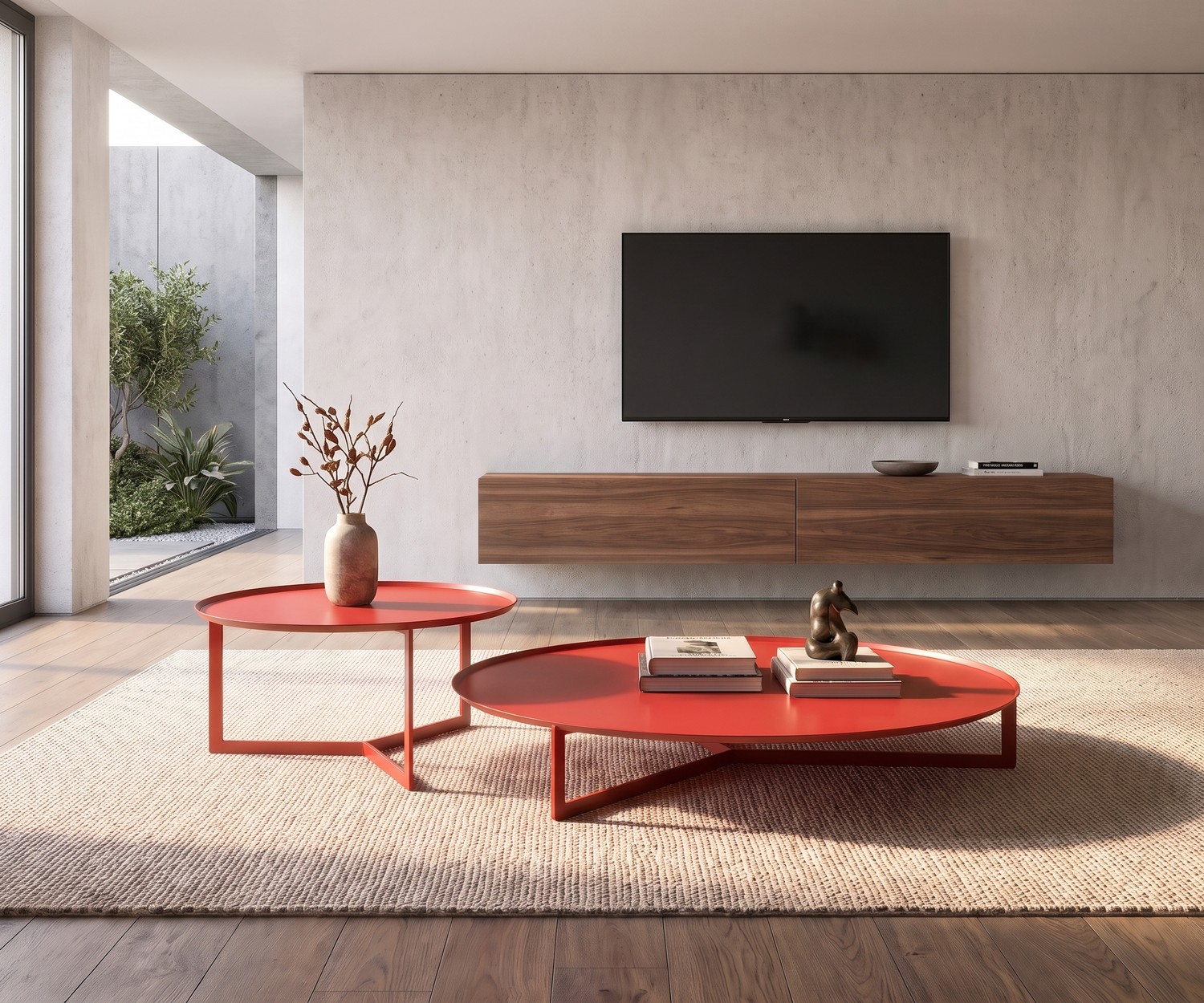 Round Couchtisch von MEME Design im modernen Wohnzimmer. Runder flacher Design-Metalltisch neben beigem Sofa.