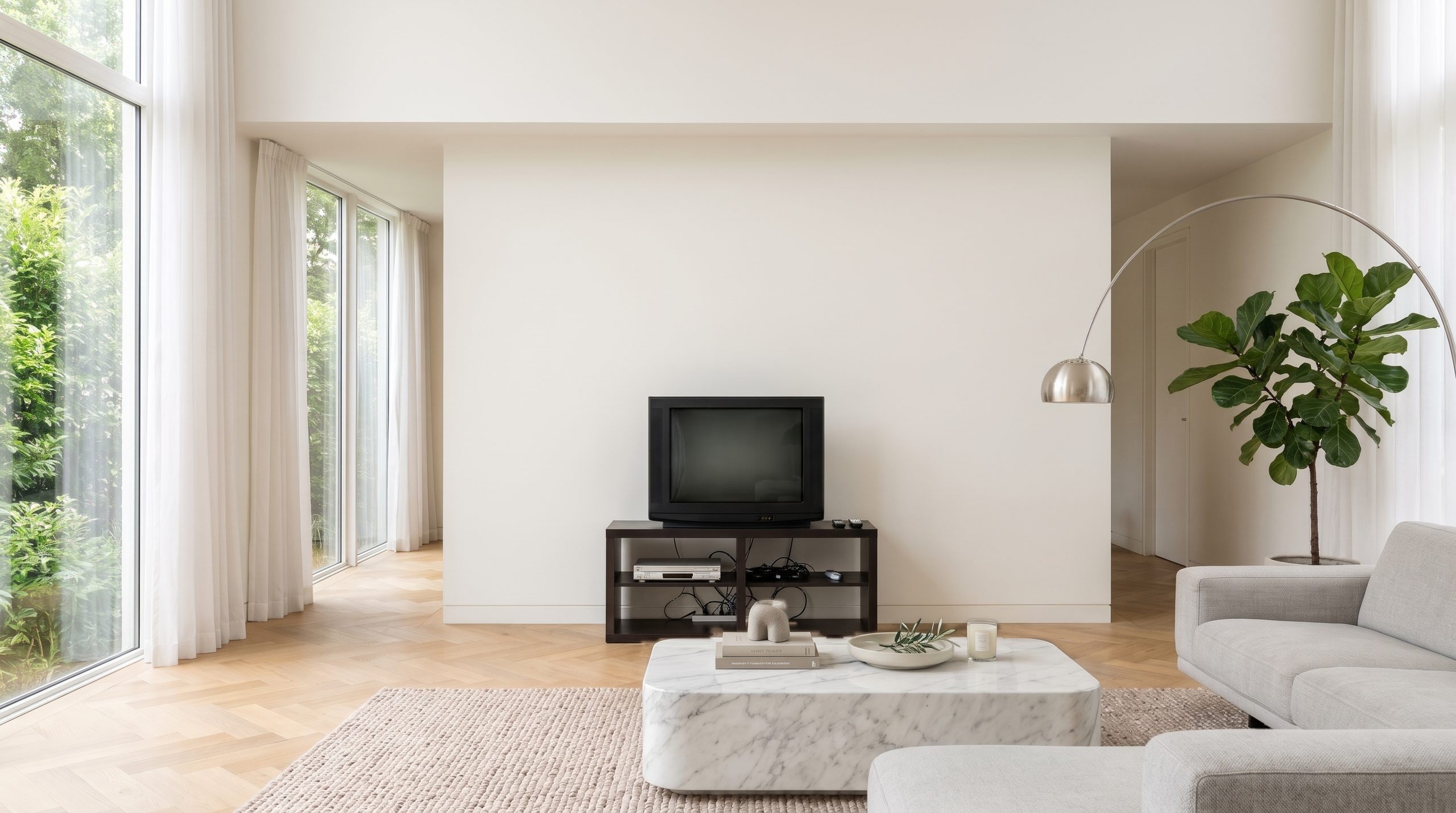 Lichte woonkamer met lege witte muur, oude televisie op een klein rek en marmeren salontafel als startfoto voor de Woonkamer Planner