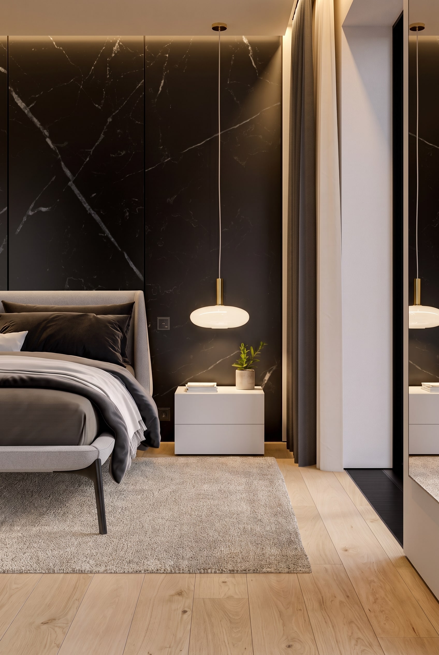 Slaapkamerdetail met modern wit nachtkastje naast het bedframe en een zachte bedloper op de vloer