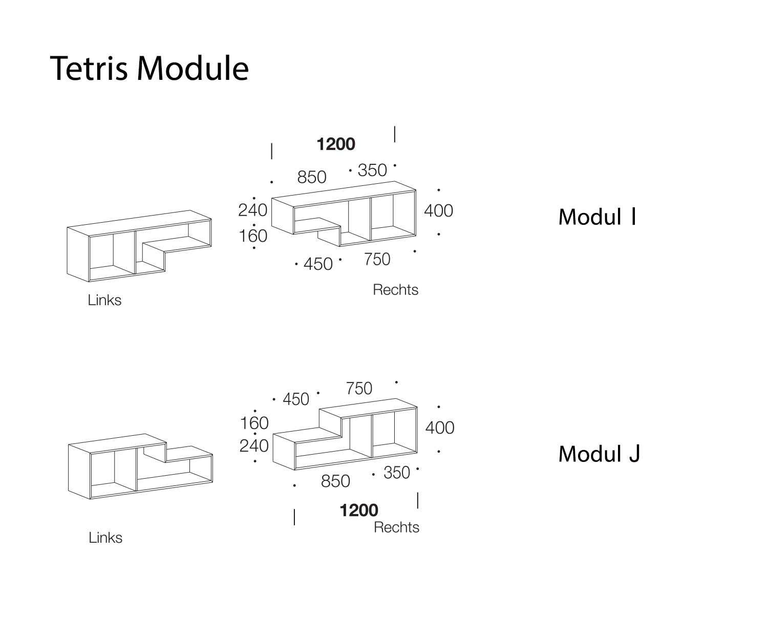 Tetris Designer Regal Module I und J Skizze Maße