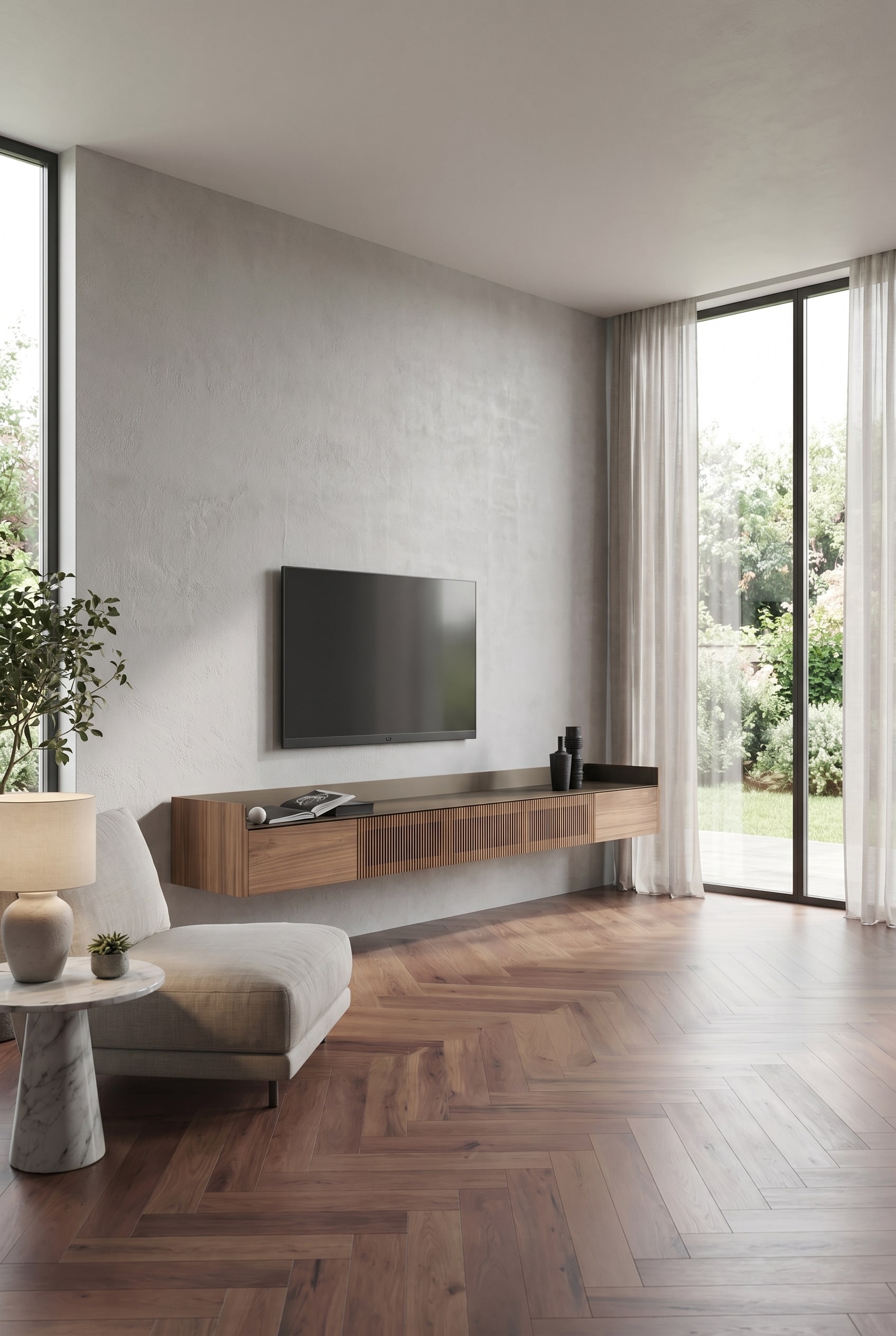 Elegant floating wooden TV sideboard in a light-filled, minimalist living room