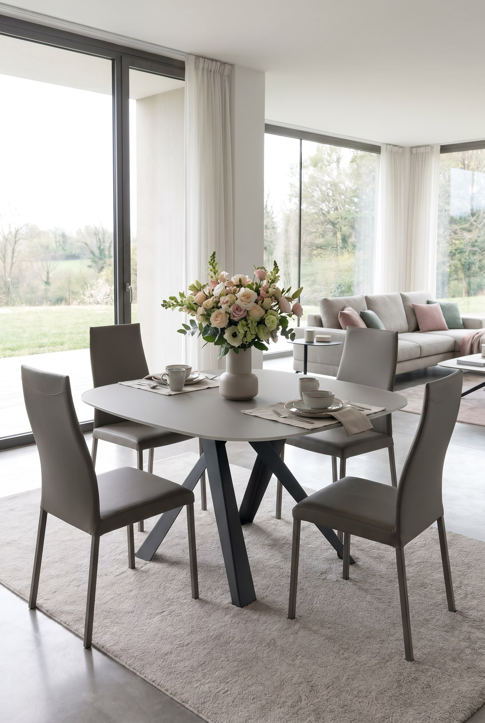Matte, minimalistische eettafel met een op de woonkamer afgestemd boeket in een rustige design-setting