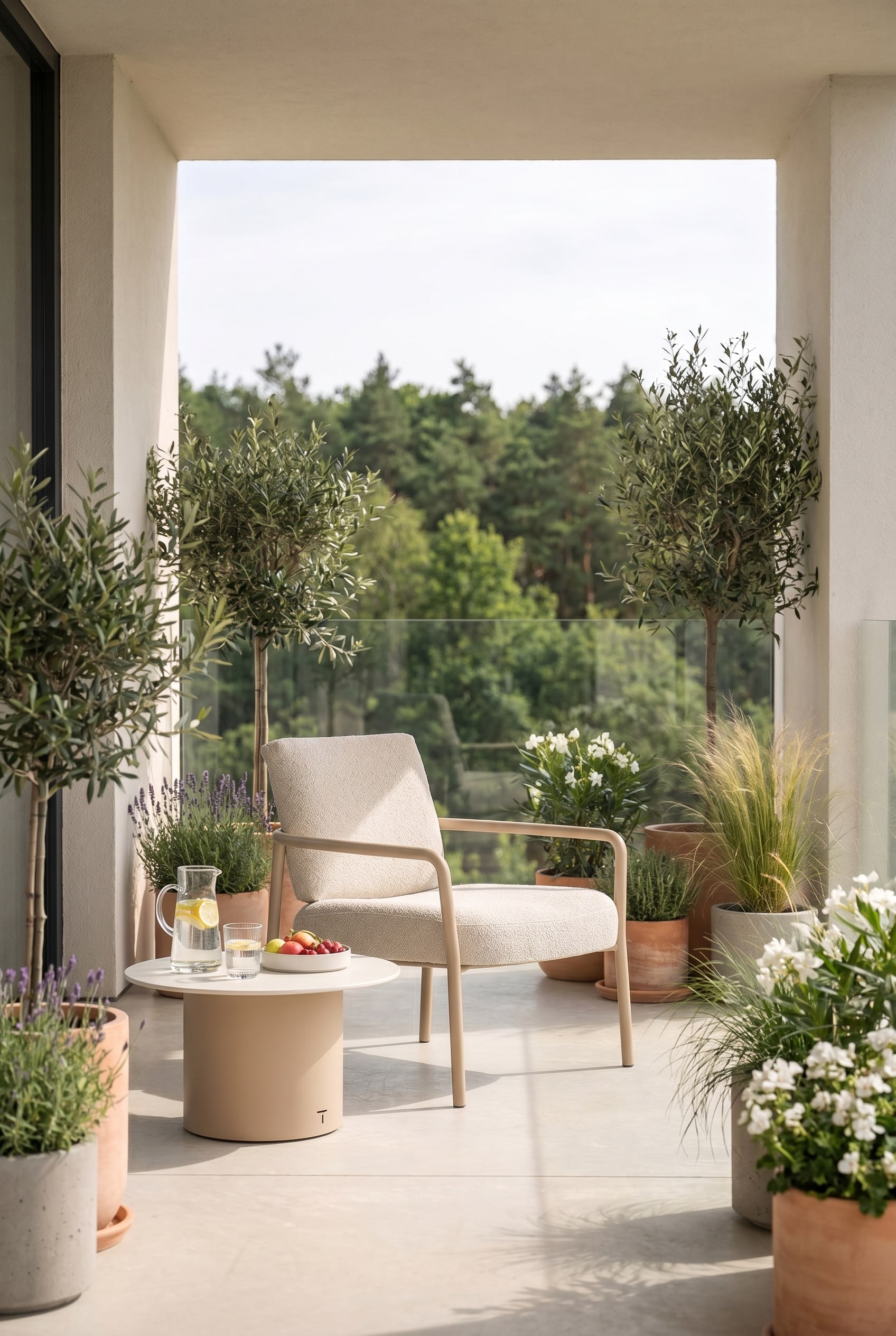 Balcone stretto con poltrona outdoor filigrana in beige su lastre di cemento chiare
