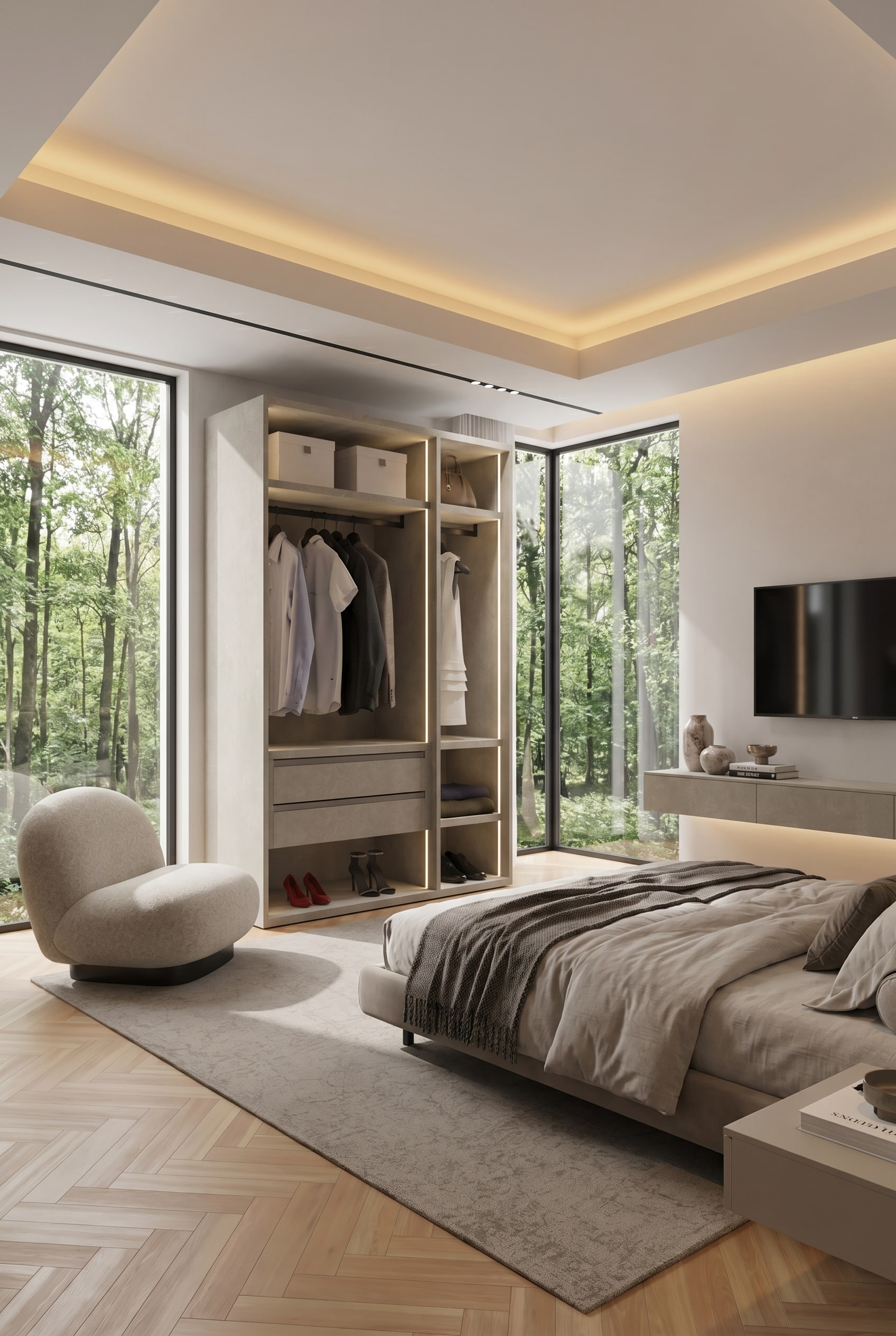Camera da letto boutique con cabina armadio aperta senza ante, ripiani illuminati, una poltrona chiara e un tappeto discreto su parquet a spina di pesce