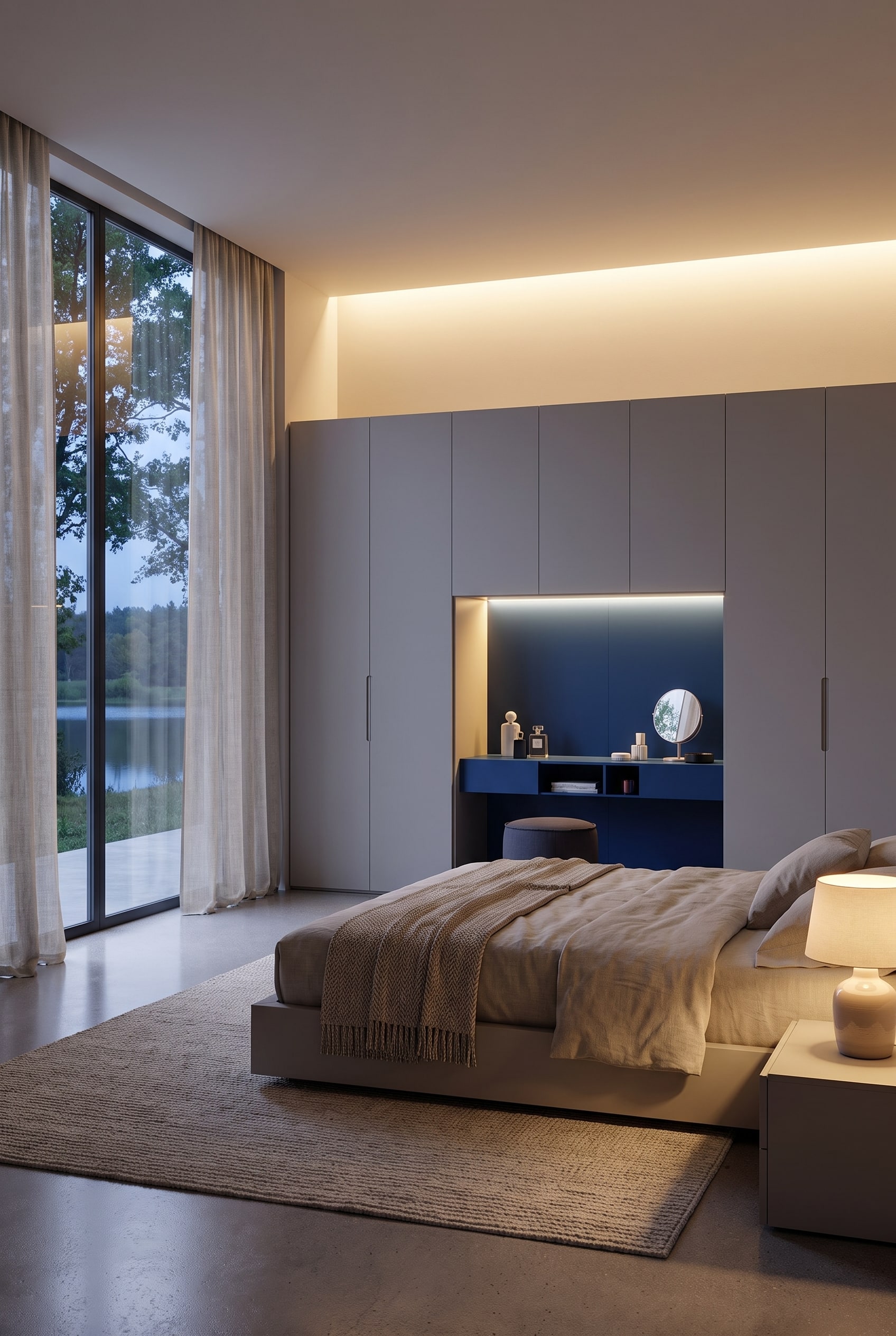 Grijze luxe kledingkast op maat met ge&iuml;ntegreerde blauwe make-uptafelnis in een moderne slaapkamer.