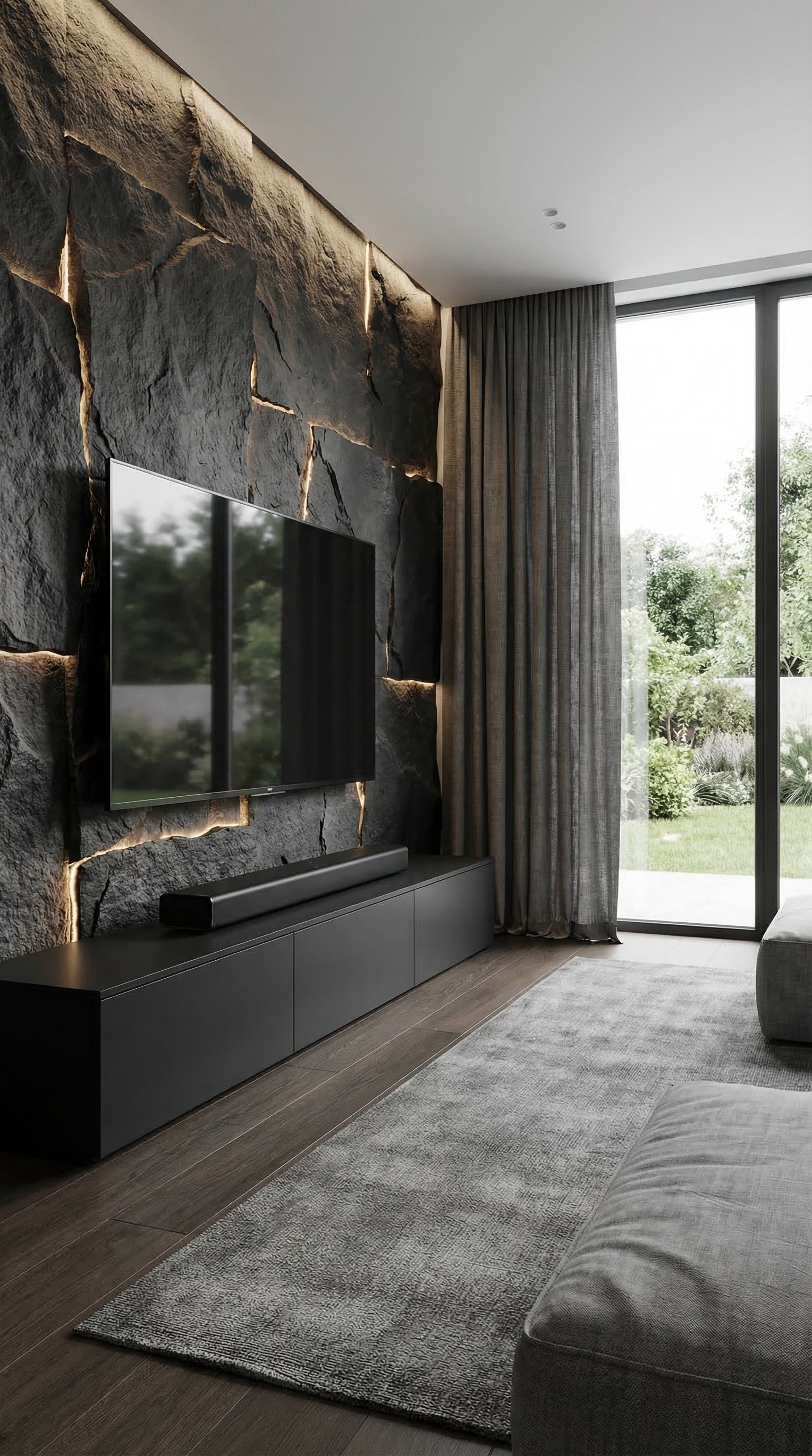 Ein mattschwarzes Design-Lowboard vor einer spektakul&auml;ren Wandverkleidung in Steinoptik, stimmungsvoll beleuchtet.