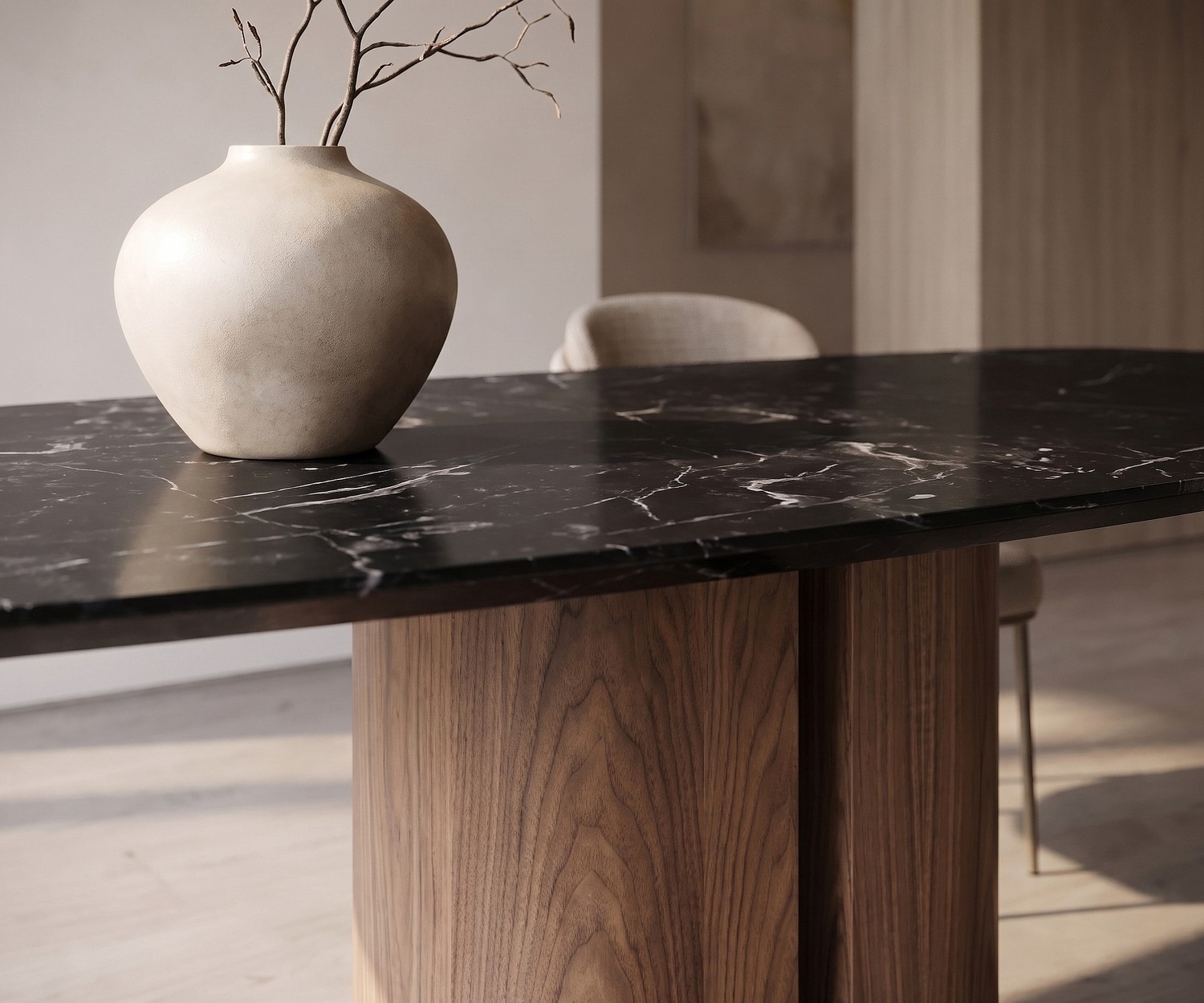al2 el-it c 001 dining table for the dining room with black marble ceramic top and wooden base in minimalist style.