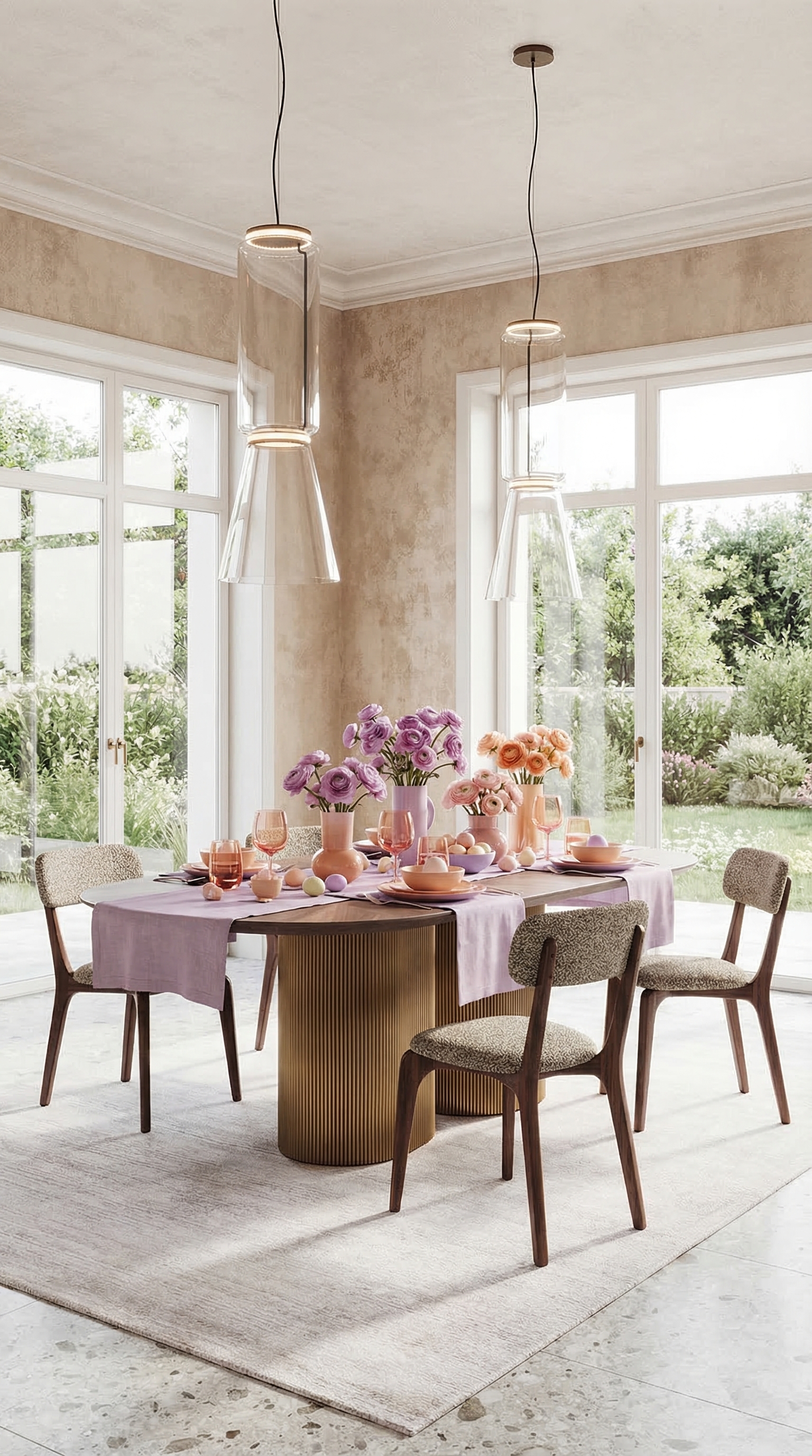 Ein modern gedeckter Esstisch in den Pastellfarben Flieder und Pfirsich mit get&ouml;nten Gl&auml;sern.