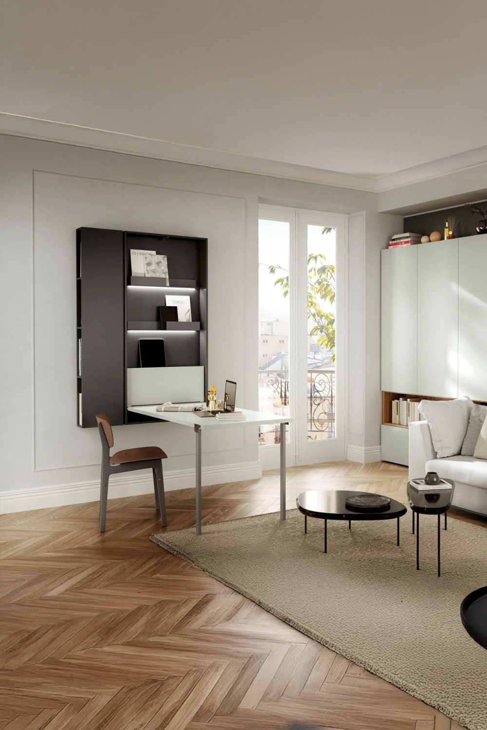 wohnzimmer-mit-verstecktem-arbeitsplatz-durch-wandklapptisch-mit-stauraum