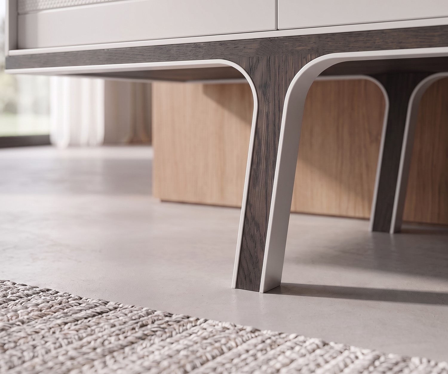 al2 Mobius 002 sideboard detailed view of legs al2 Mobius 002 sideboard in a living room, close-up of dark eucalyptus wood legs with white metal trim, modern style.