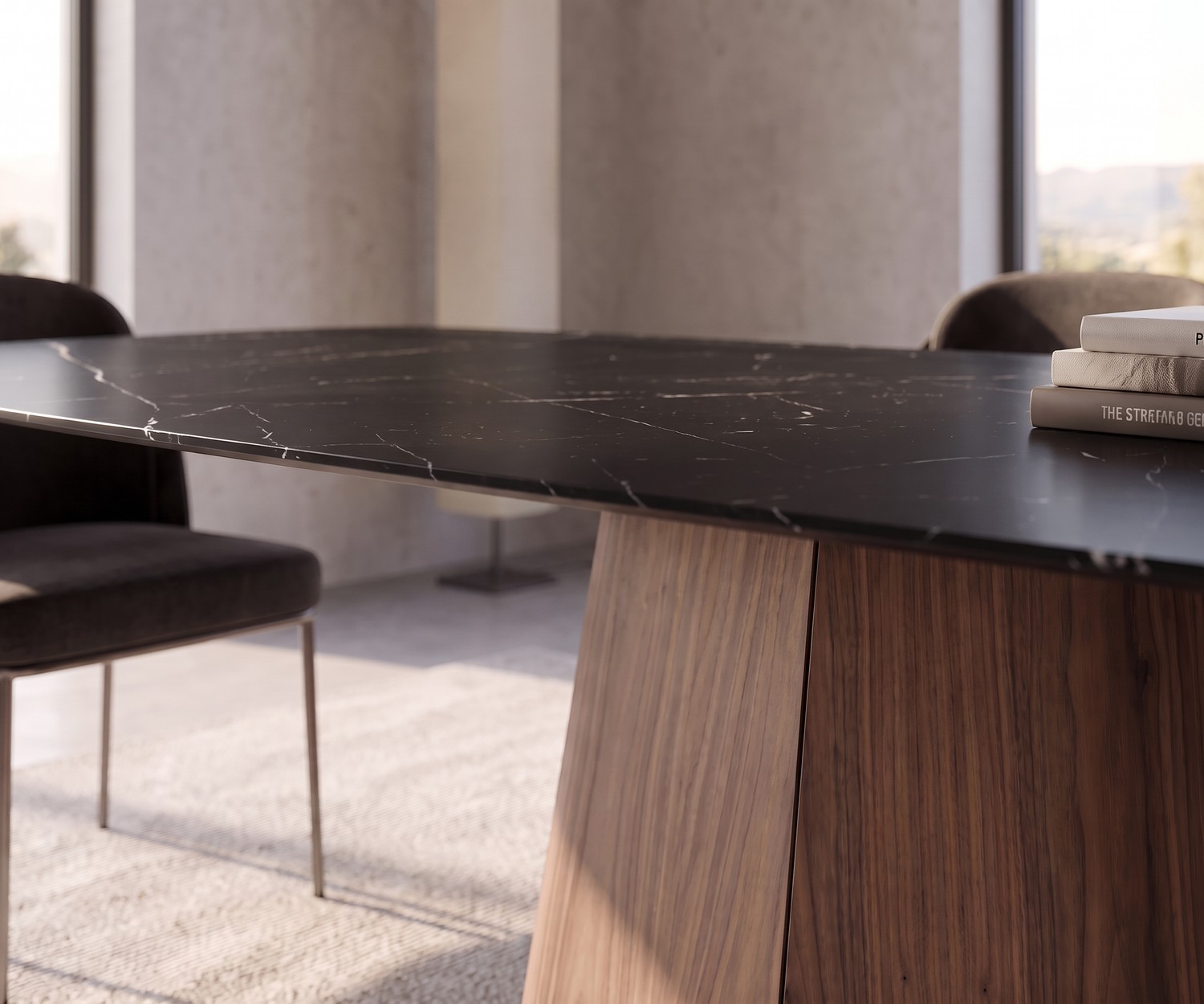 al2 tessera 001 dining table in a modern dining room with black marble-look ceramic top and wooden base.