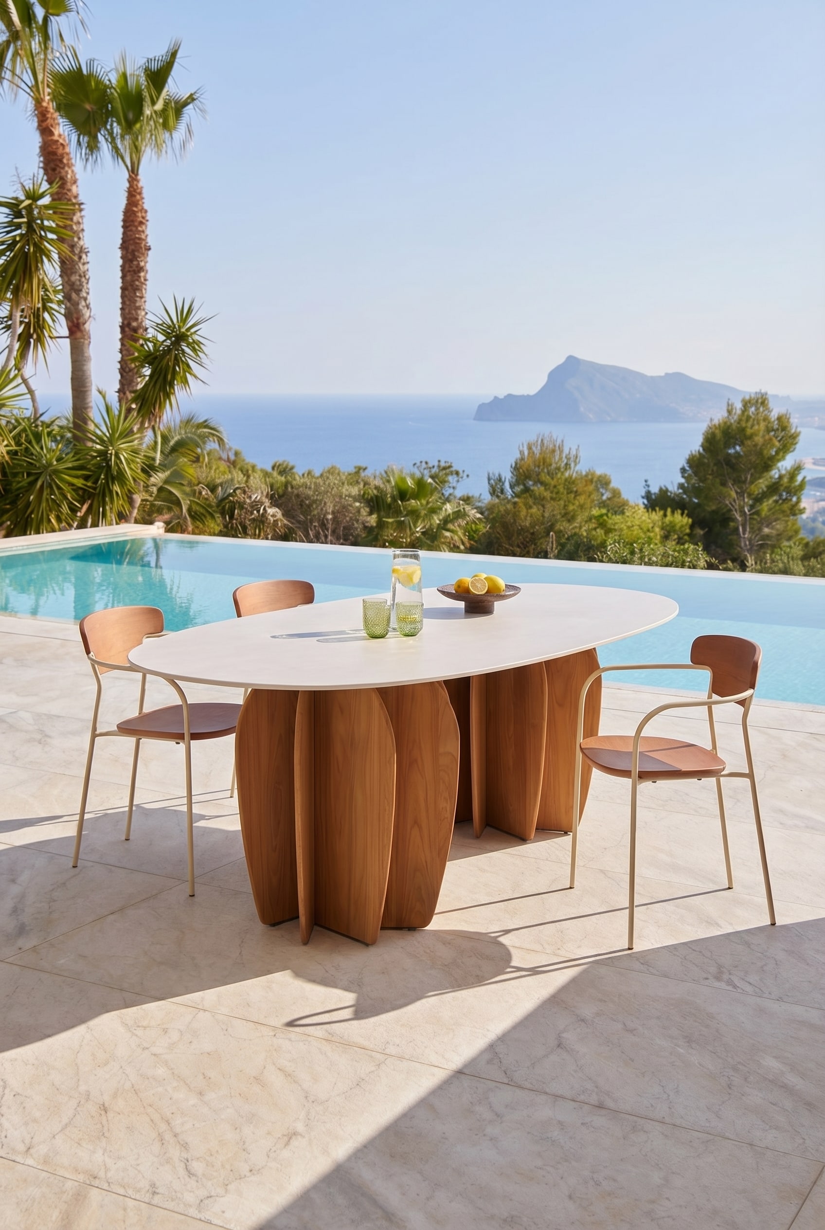 Gro&szlig;er Outdoor Esstisch mit skulpturalen Holzf&uuml;&szlig;en auf einer sonnigen Terrasse