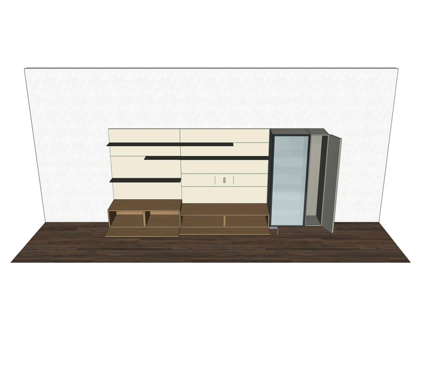 Livitalia Design Wohnwand C42 einzelne Komponenten als Skizze farbig markiert
