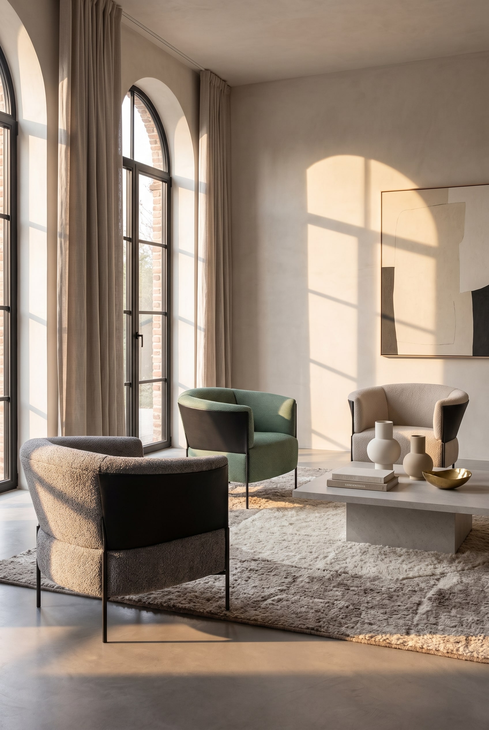 A monochromatically designed living space with lateral light incidence, which plastically highlights the deep upholstery of a Prostoria Omnia Sessel