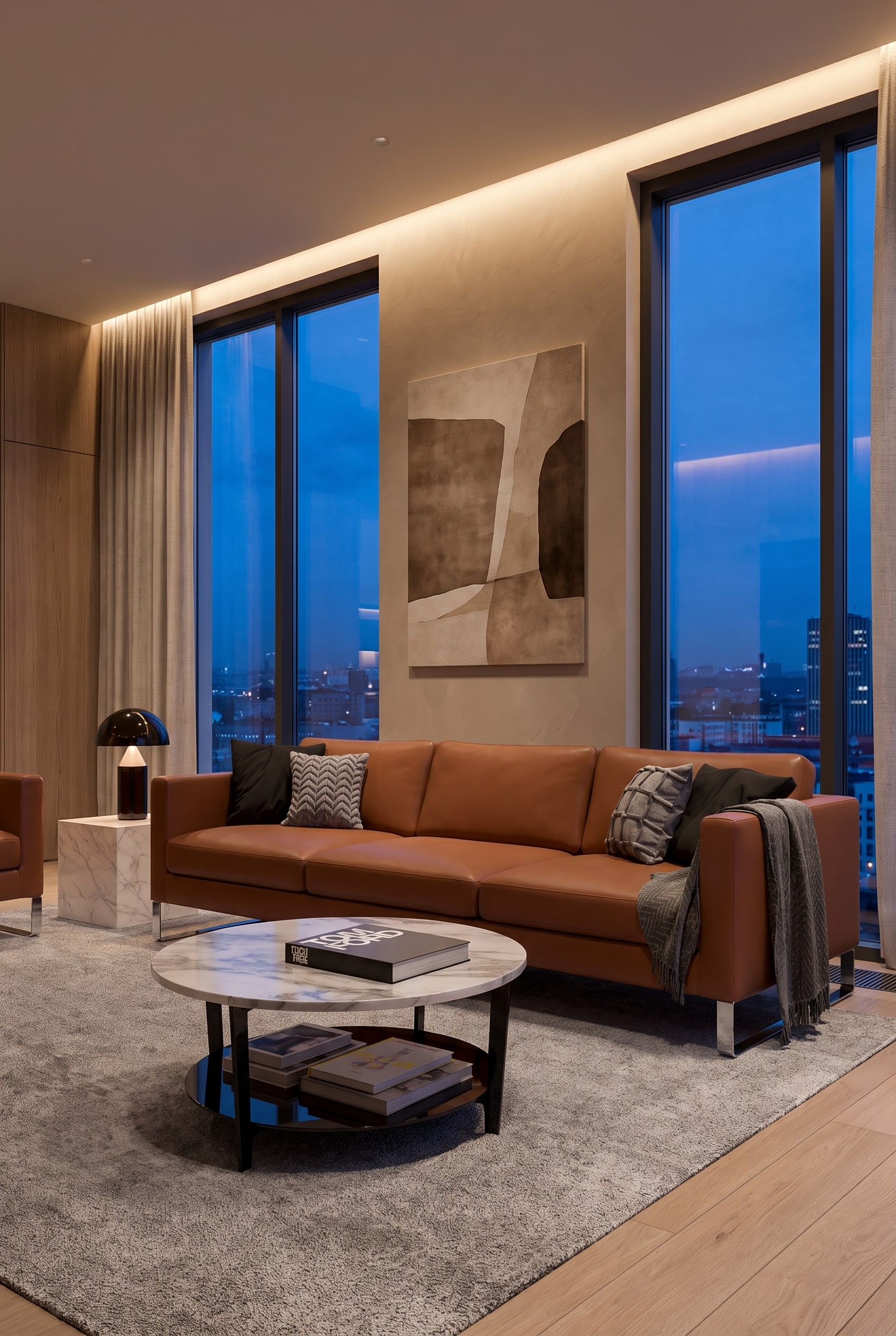 Accogliente soggiorno con elegante divano letto marrone, tappeto chiaro, tavolino scuro e calda illuminazione indiretta