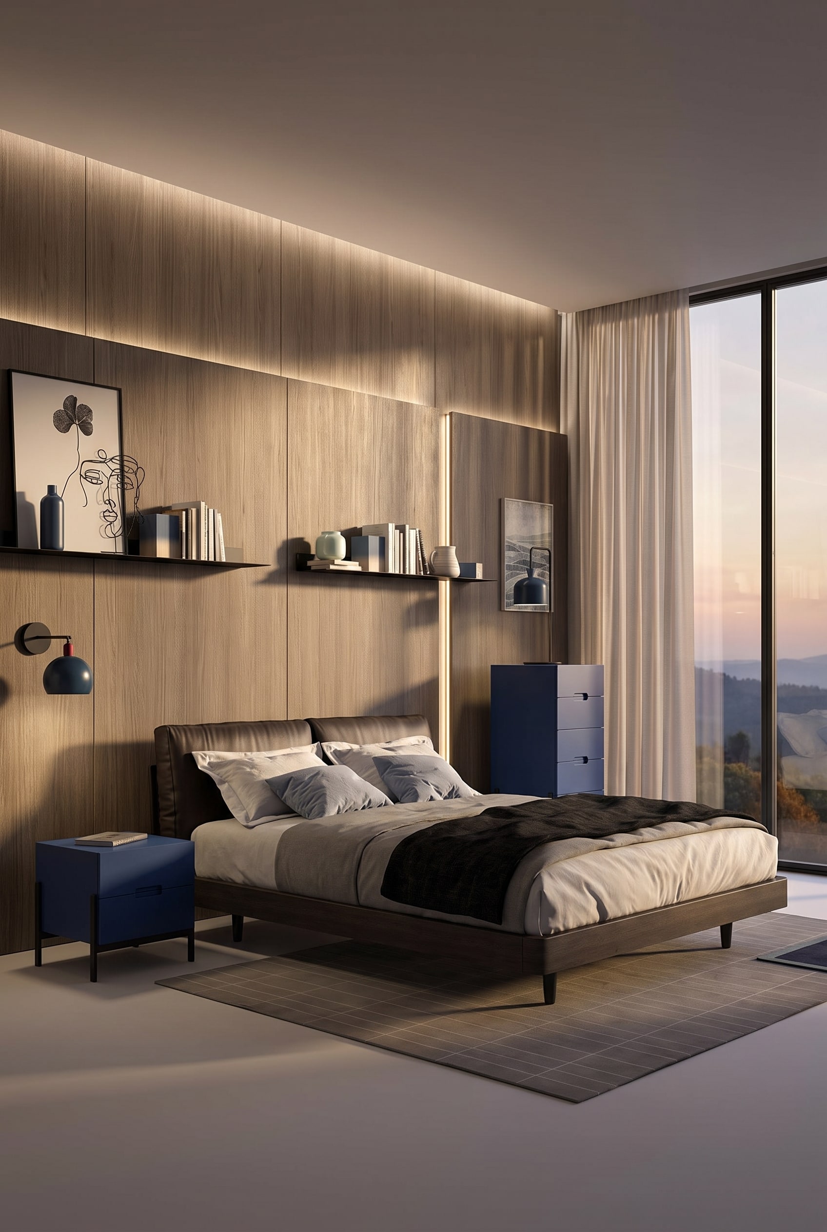 Ein luxuri&ouml;ses Novamobili Bett Nido mit volumin&ouml;s gepolstertem Lederkopfteil in einem modern gestalteten Schlafzimmer.