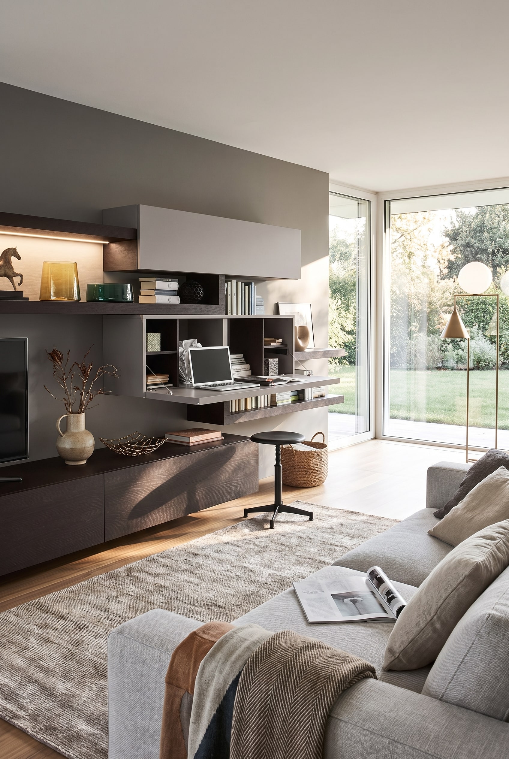 Wandhangende Livitalia Cartesio kast met uitgeklapt bureau in een moderne, open woonruimte