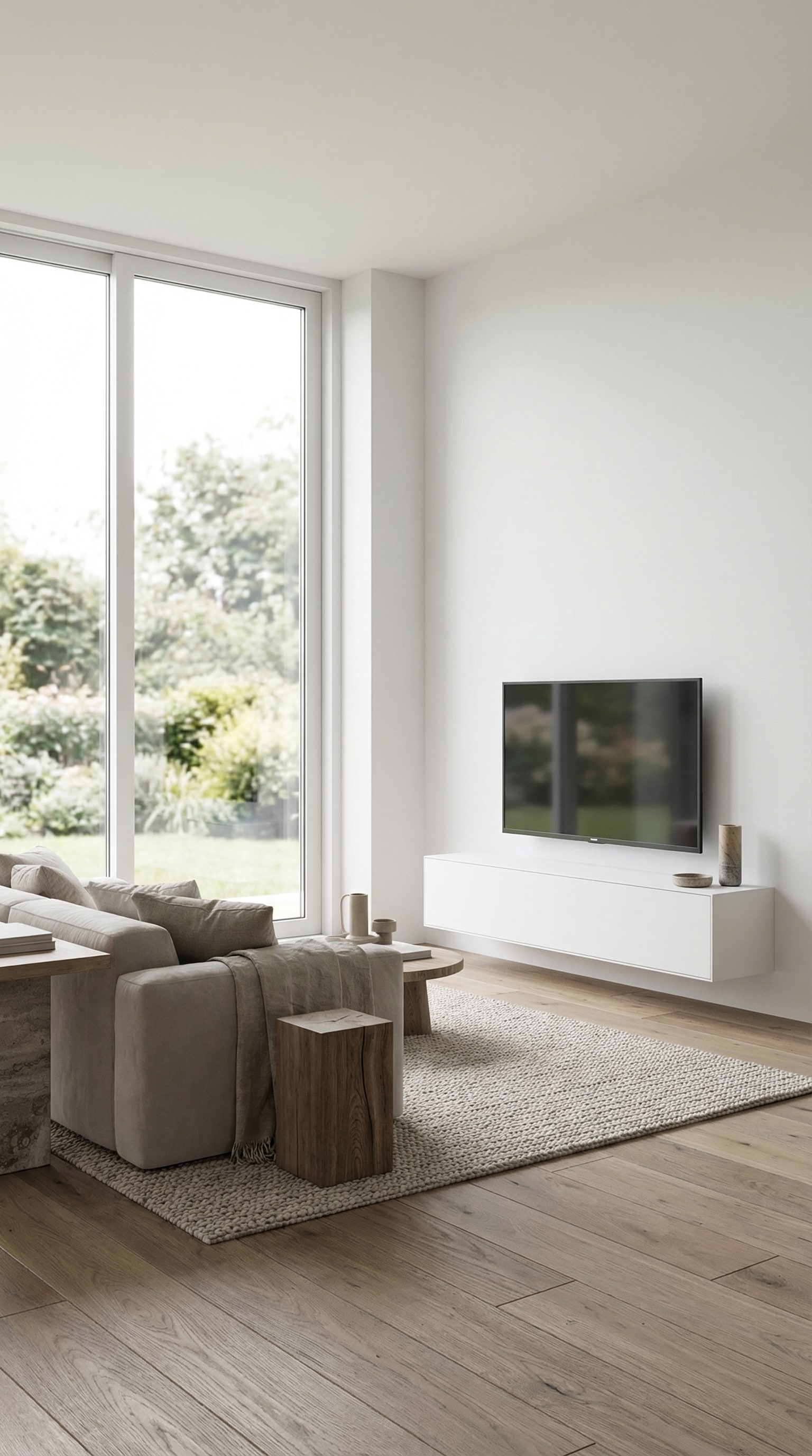 Minimalistisches, mattweißes schwebendes Lowboard an einer weißen Wand, dezent beleuchtet. Minimalistisches, mattweißes schwebendes Lowboard an einer weißen Wand, dezent beleuchtet.