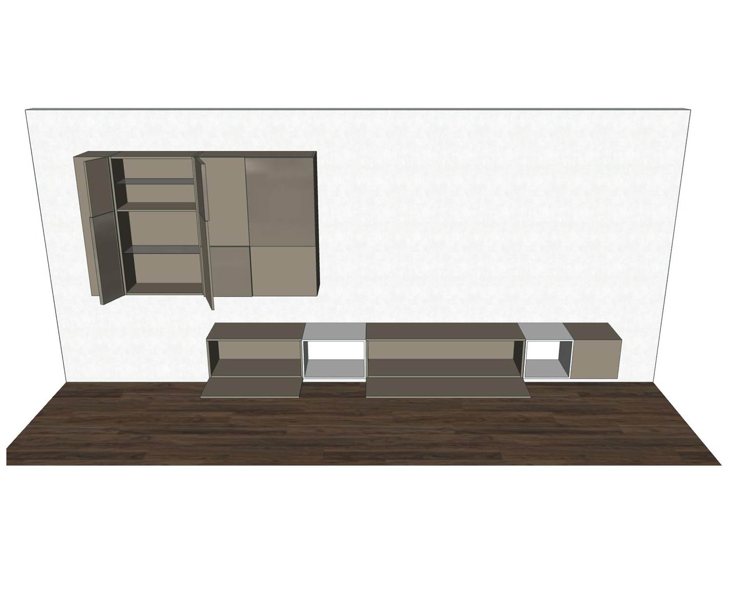 Hängende Design Wohnwand C07 Skizze mit offenen Türen und offenen Elementen