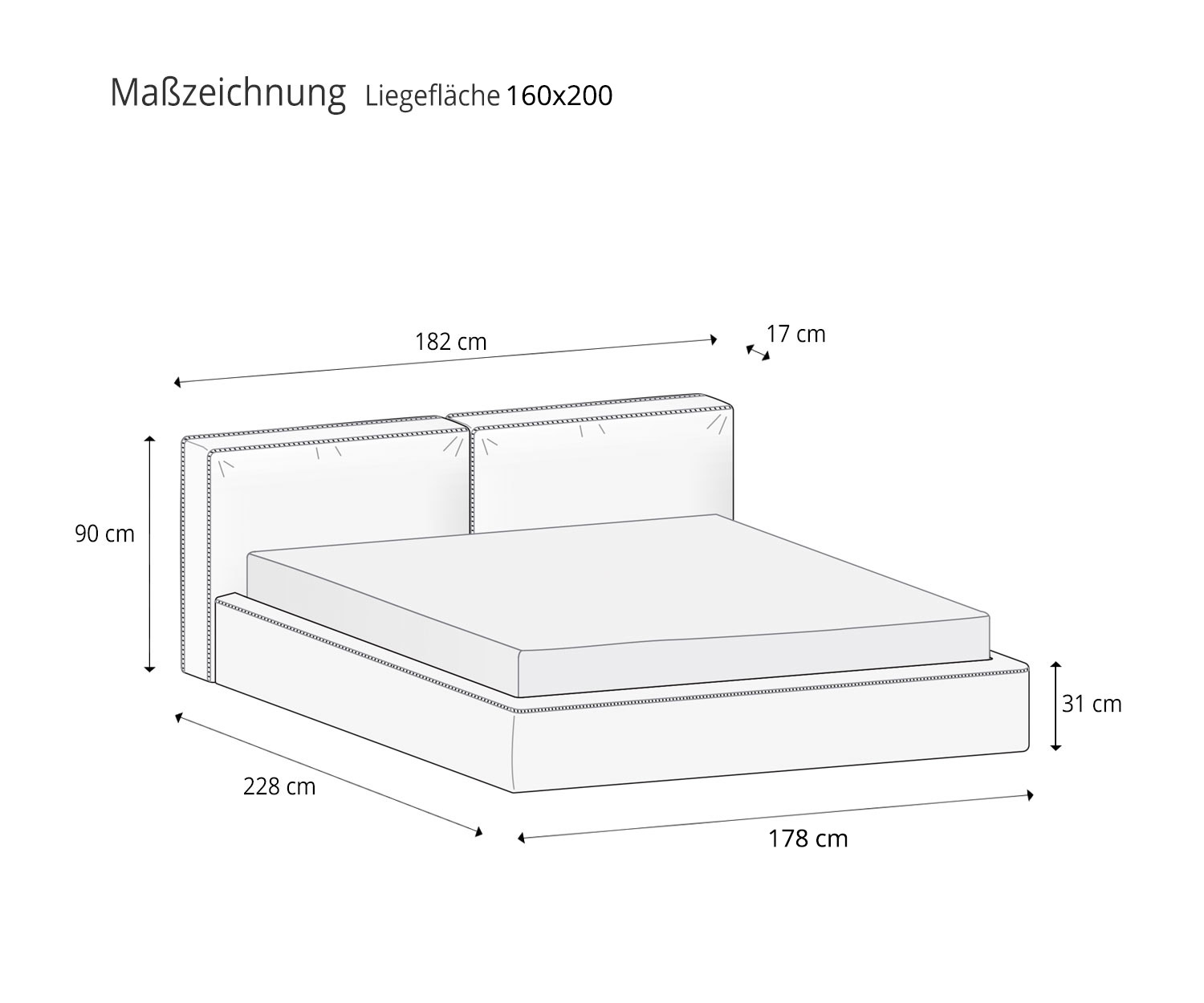Novamobili Design Bett Brick Maße Skizzen Liegefläche Matratze 160x200 cm