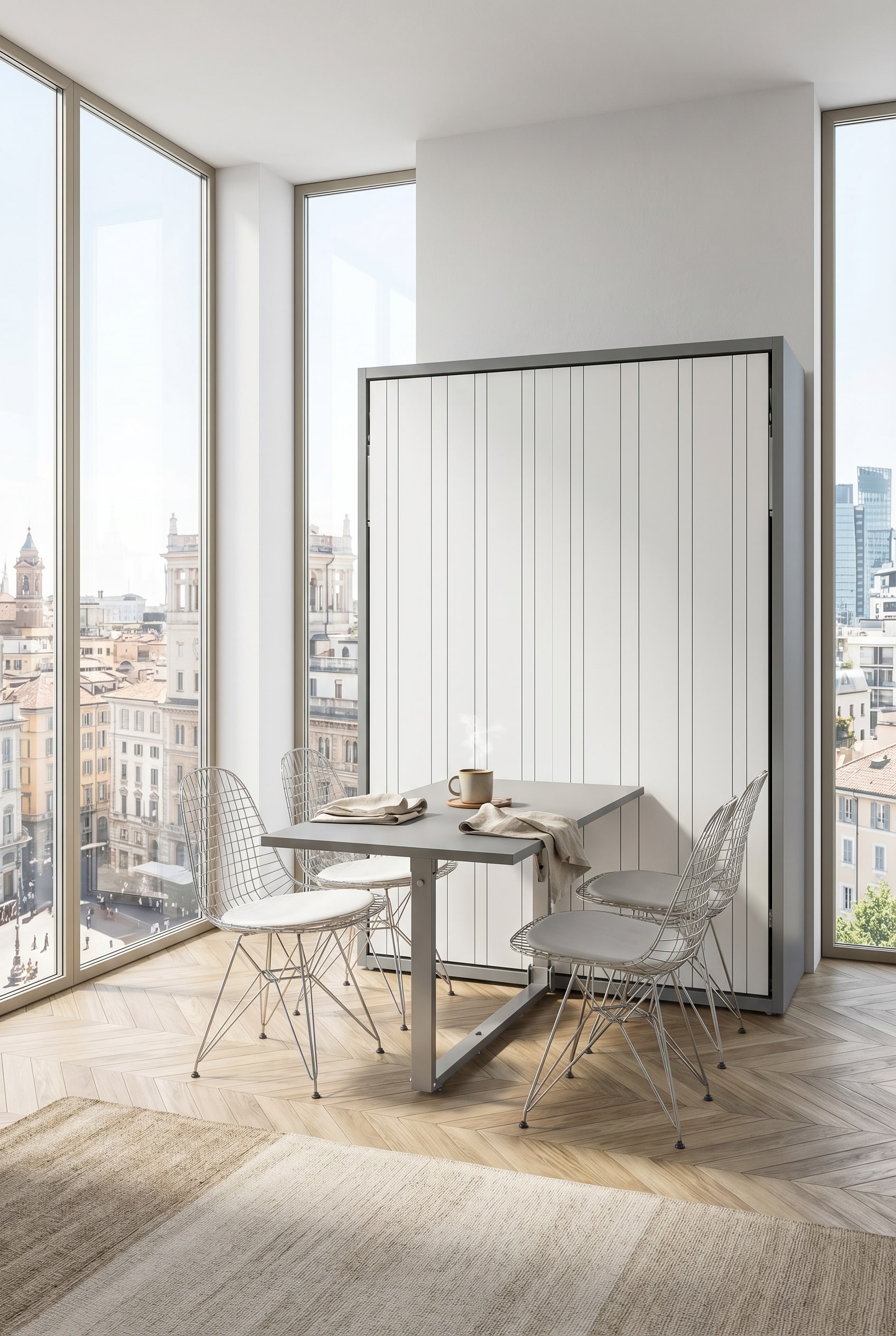 A stylish dining room with a large dining table cleverly integrated into the front of a closed wall bed. A stylish dining room with a large dining table cleverly integrated into the front of a closed wall bed.