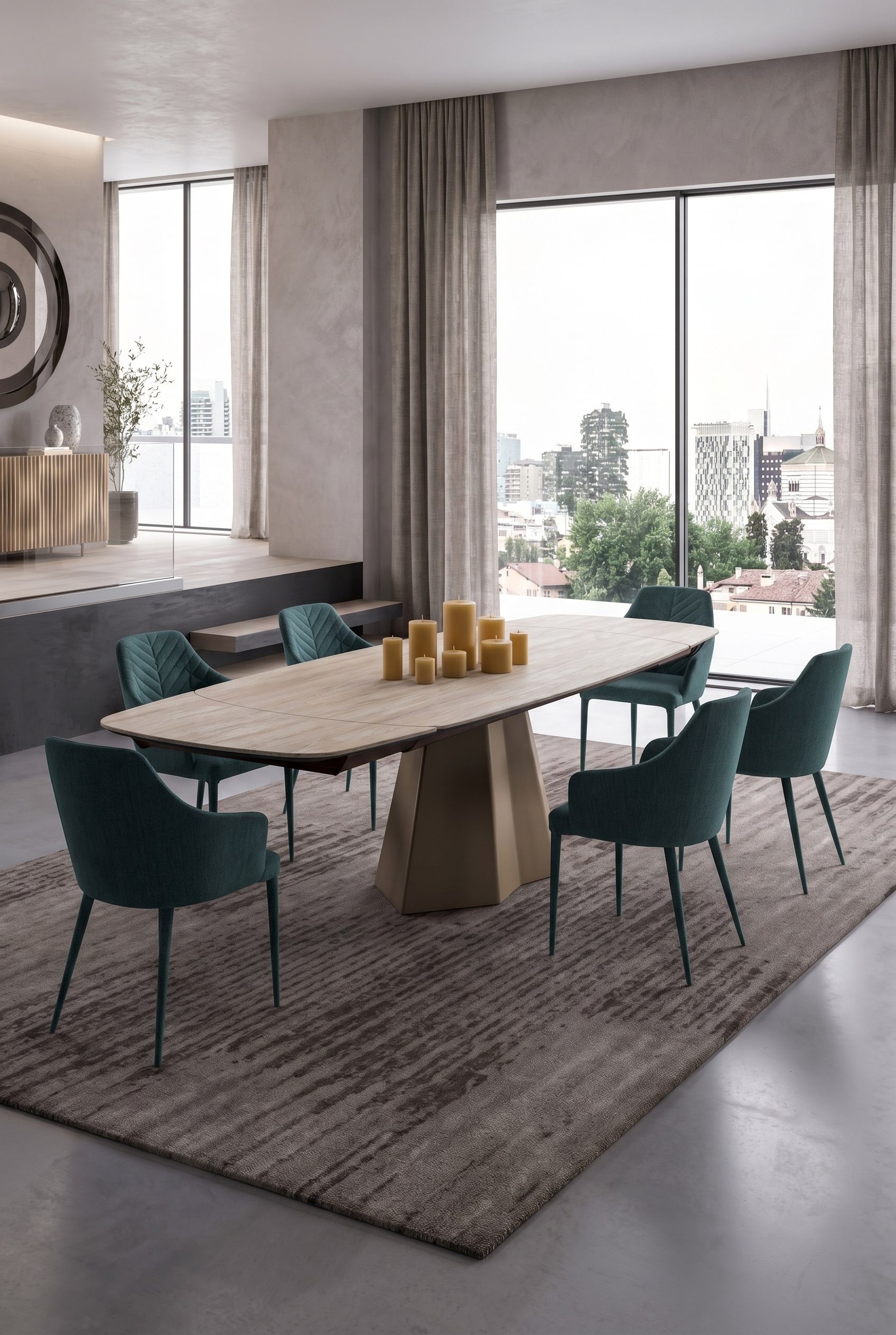 Uitschuifbare eettafel in elegante houtlook met zes gestoffeerde stoelen in een ruime, moderne kamer