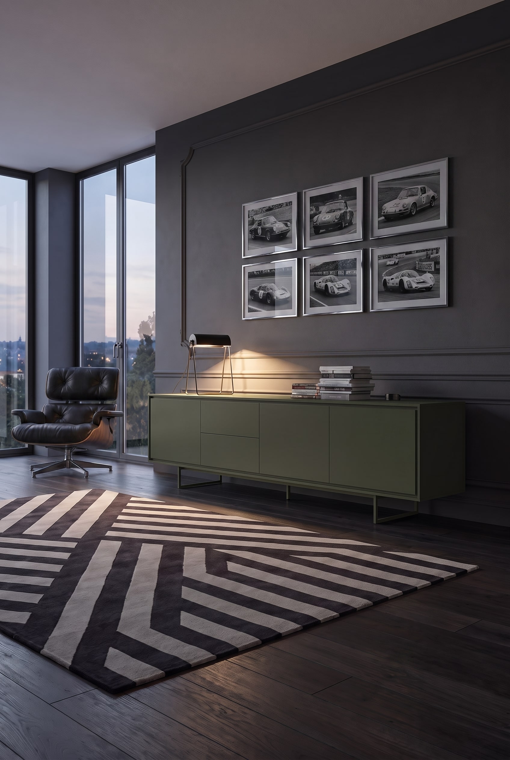 Olijfgroen mat dressoir gecombineerd met zwarte Mid-Century leren fauteuil en zilveren fotolijsten met raceauto-motieven.