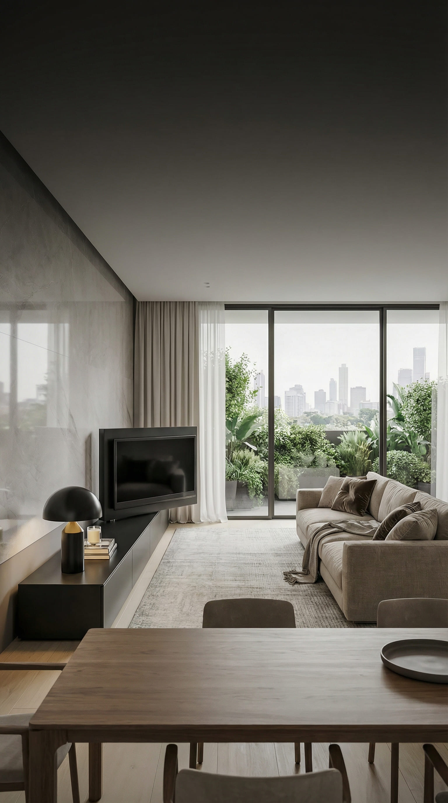 TV Lowboard mit um 90 Grad geschwenktem Fernseher Richtung Esstisch