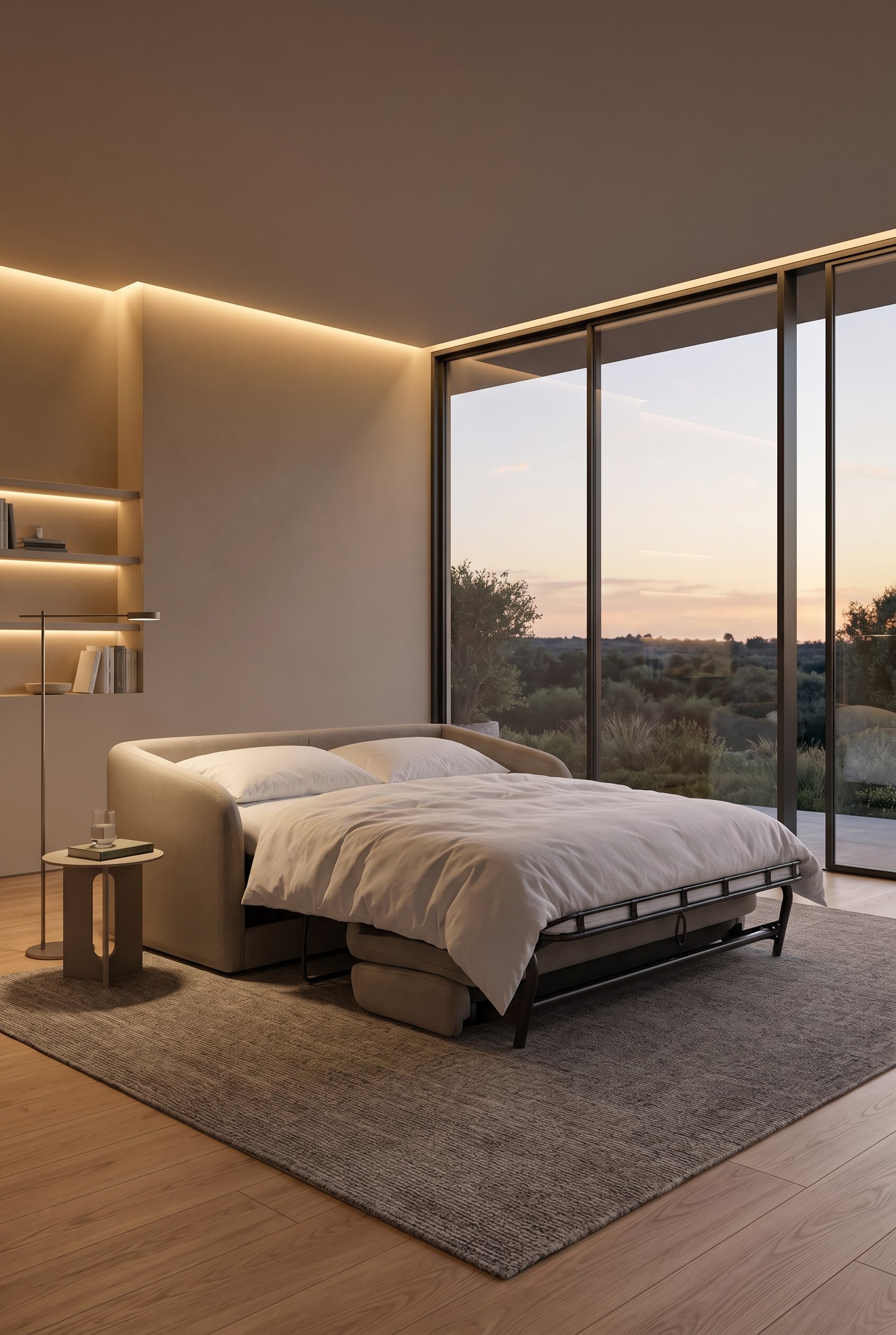 Ausgeklapptes Designer Schlafsofa mit sichtbarem Bettgestell und Matratze im modernen Wohnzimmer