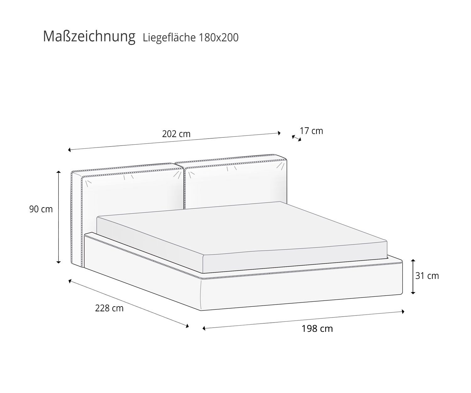 Designer Bett Brick von Novamobili Skizze Maße Größen Liegefläche 180x200