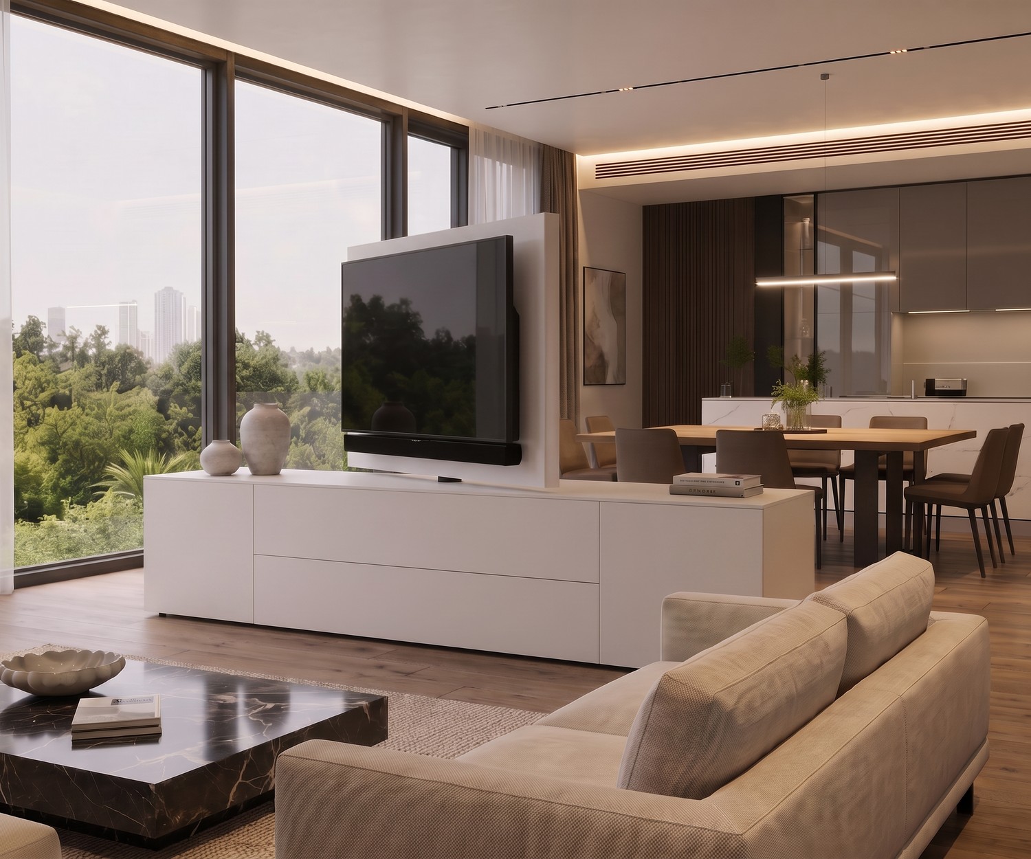 Livitalia Roto sideboard room divider with rotating TV panel in a modern white matte living room.