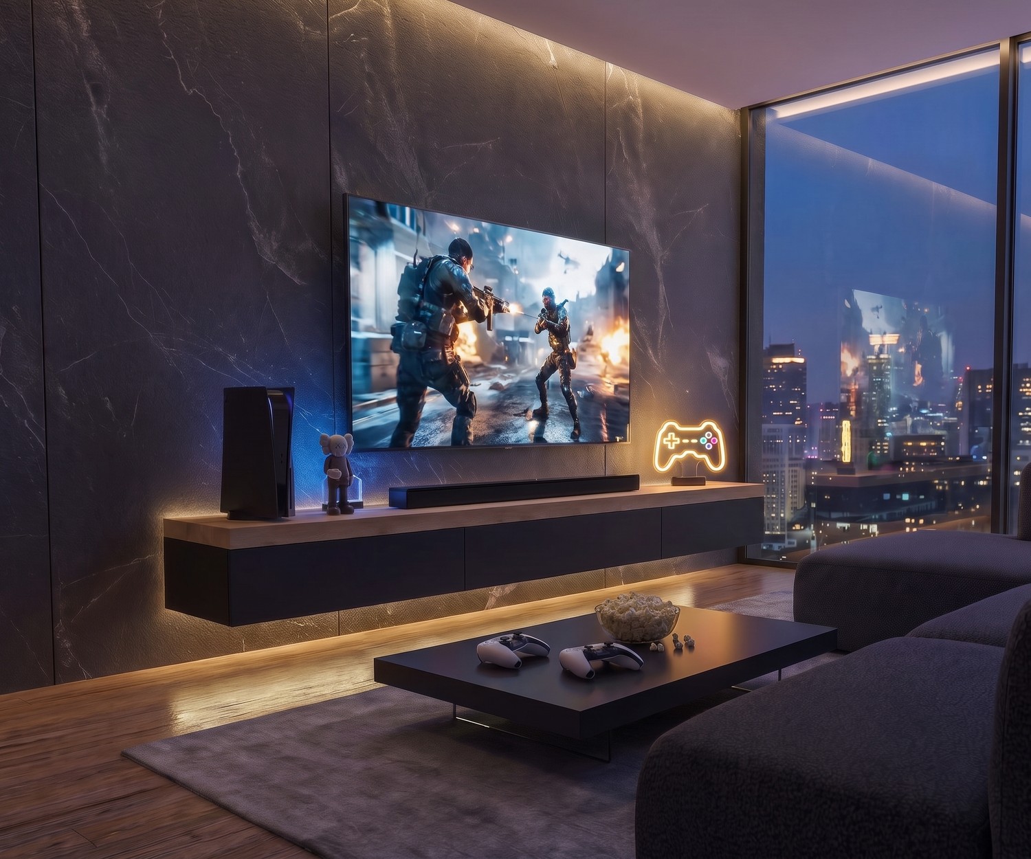 Hängendes TV Lowboard im Wohnzimmer: Livitalia Lowboard mit dicker Abdeckplatte aus Holz, dunkle Wandpaneele, modernes Design für ein perfektes Gaming Wohnzimmer