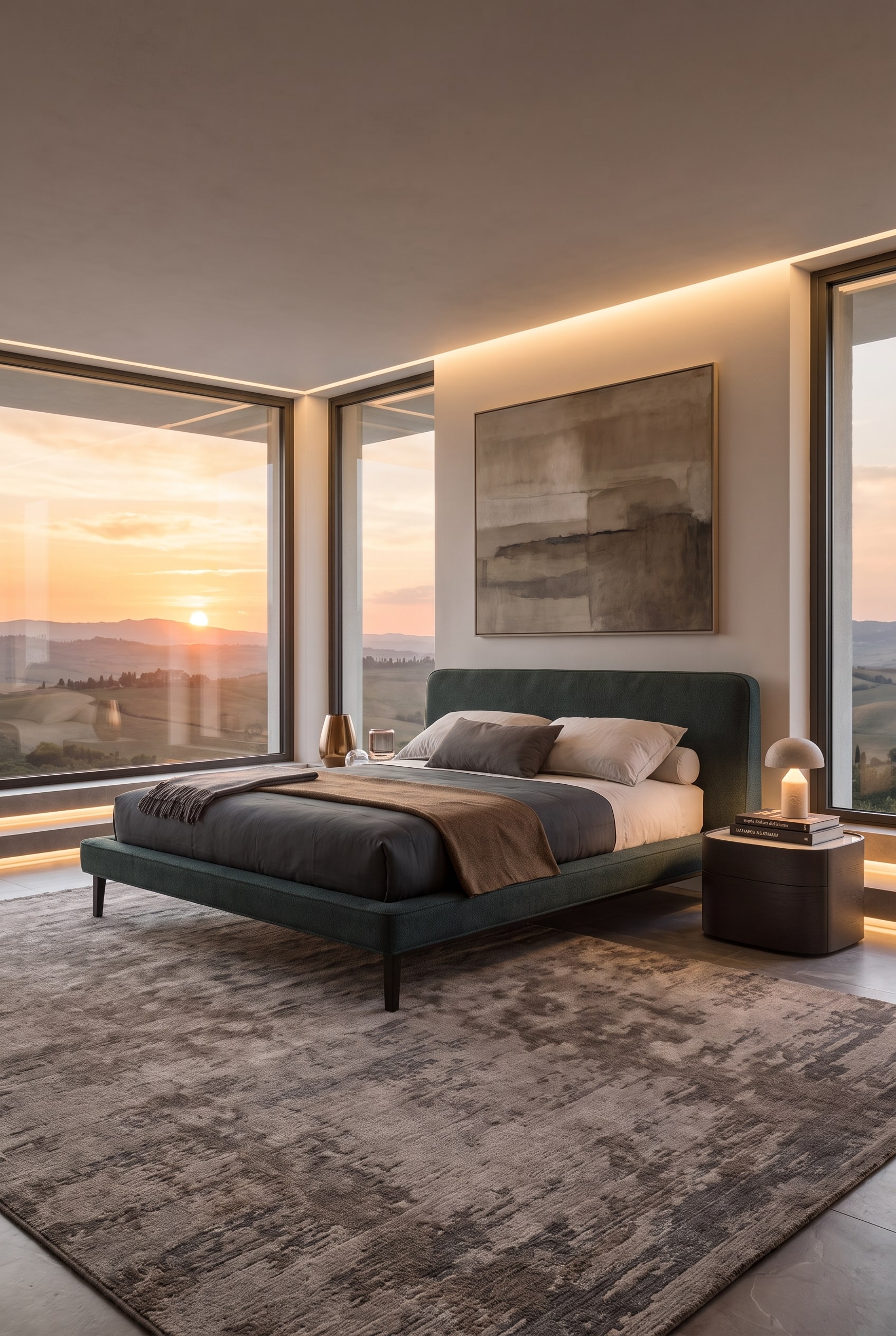 Moderne slaapkamer met Novamobili gestoffeerd bed met hoog hoofdbord in zacht daglicht