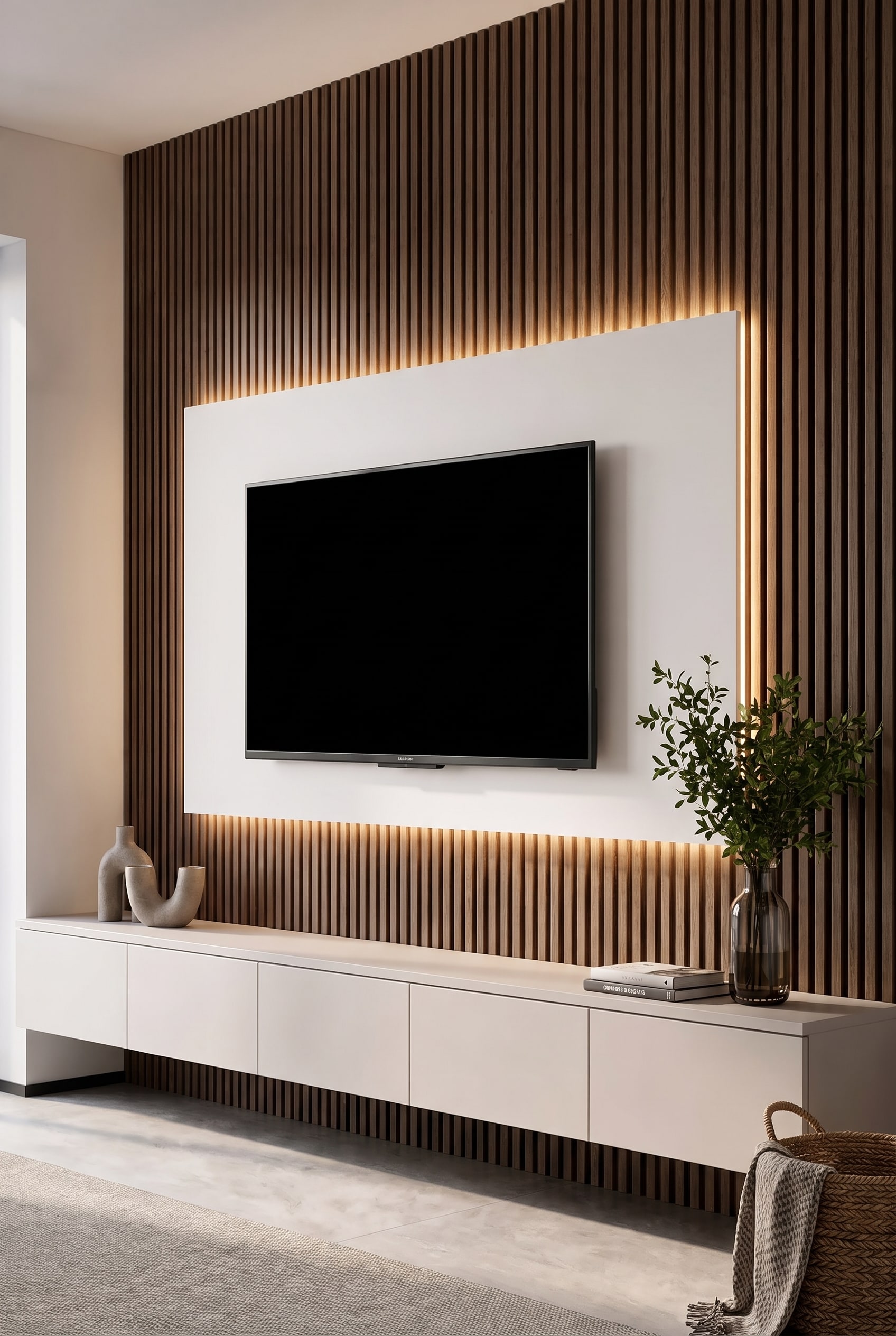 Woonkamer met donker tv-wandpaneel van hout, onzichtbaar geïntegreerde televisie en uitzicht op de tuin