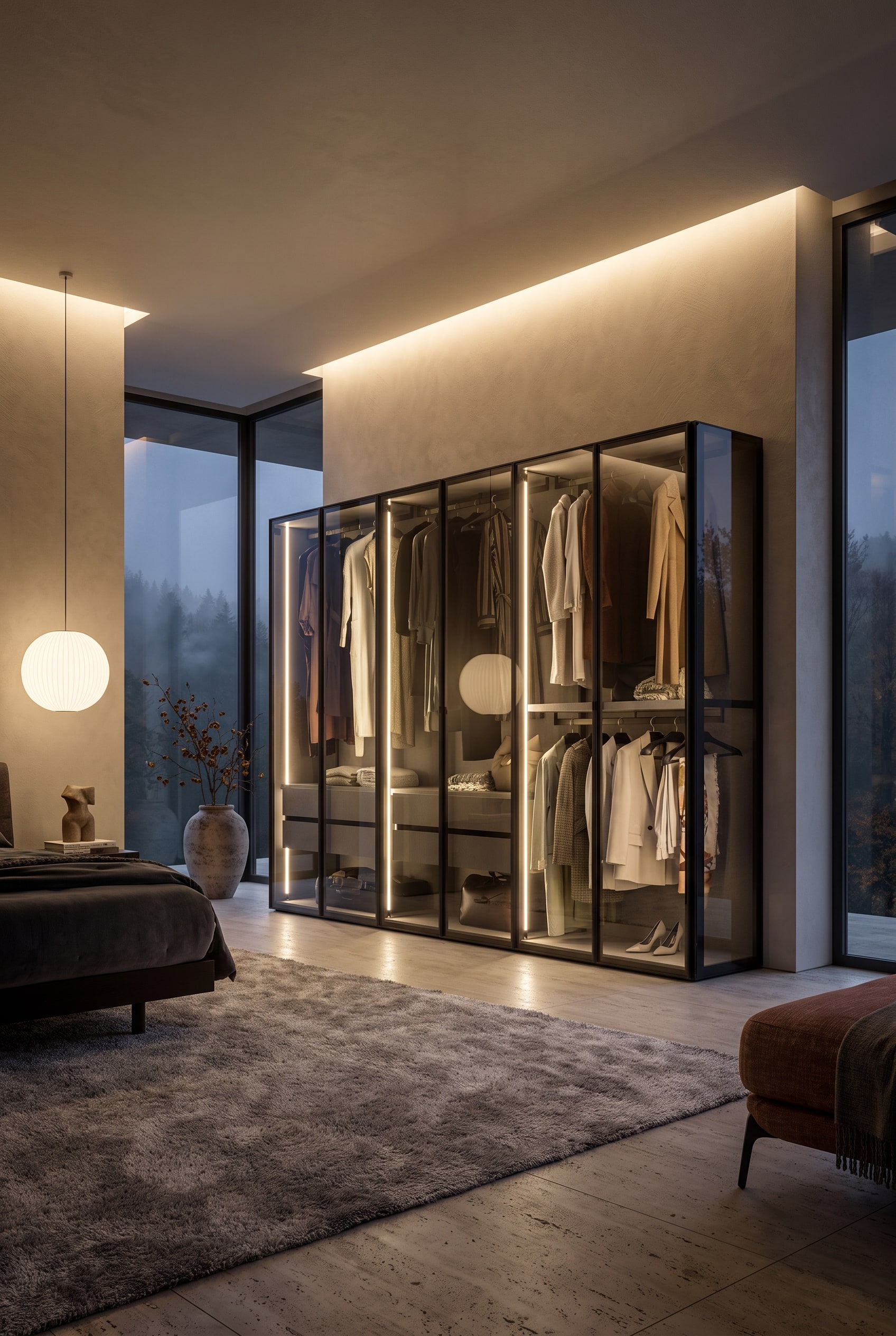 Dettaglio interno dell'armadio con ripiano in legno massiccio e illuminazione indiretta bianco caldo sui capi d'abbigliamento