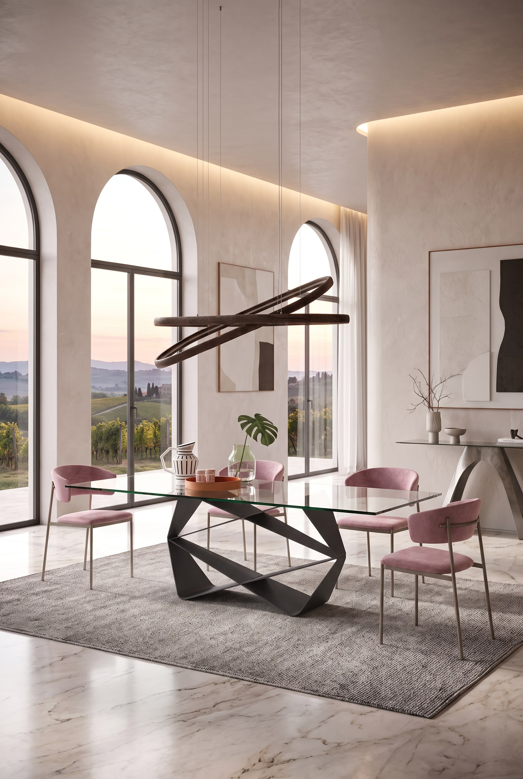 Lichte eetkamer met een transparante glazen eettafel, opvallend kruisframe en vier roze gestoffeerde stoelen