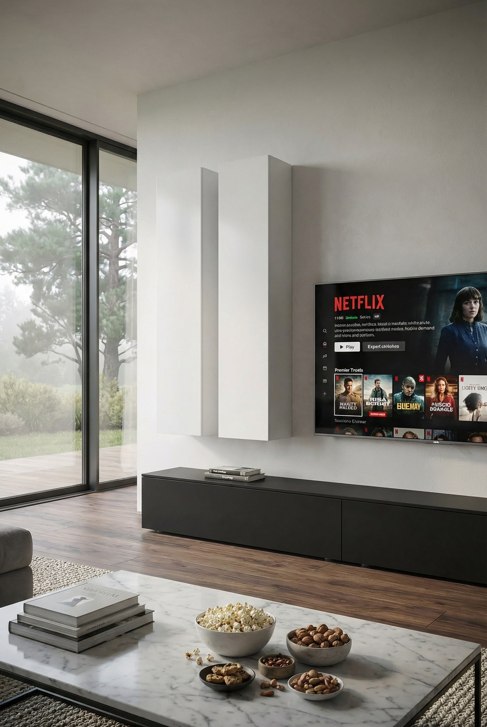 Minimalistische Wohnwand mit viel negativem Raum an der Wand Minimalistische Wohnwand mit viel negativem Raum an der Wand