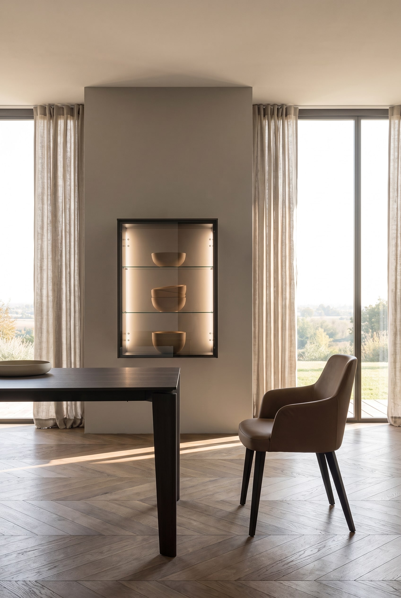 Hanging glass display cabinet made of smoked glass with decorative, matte ceramic bowls in the warmly lit interior.