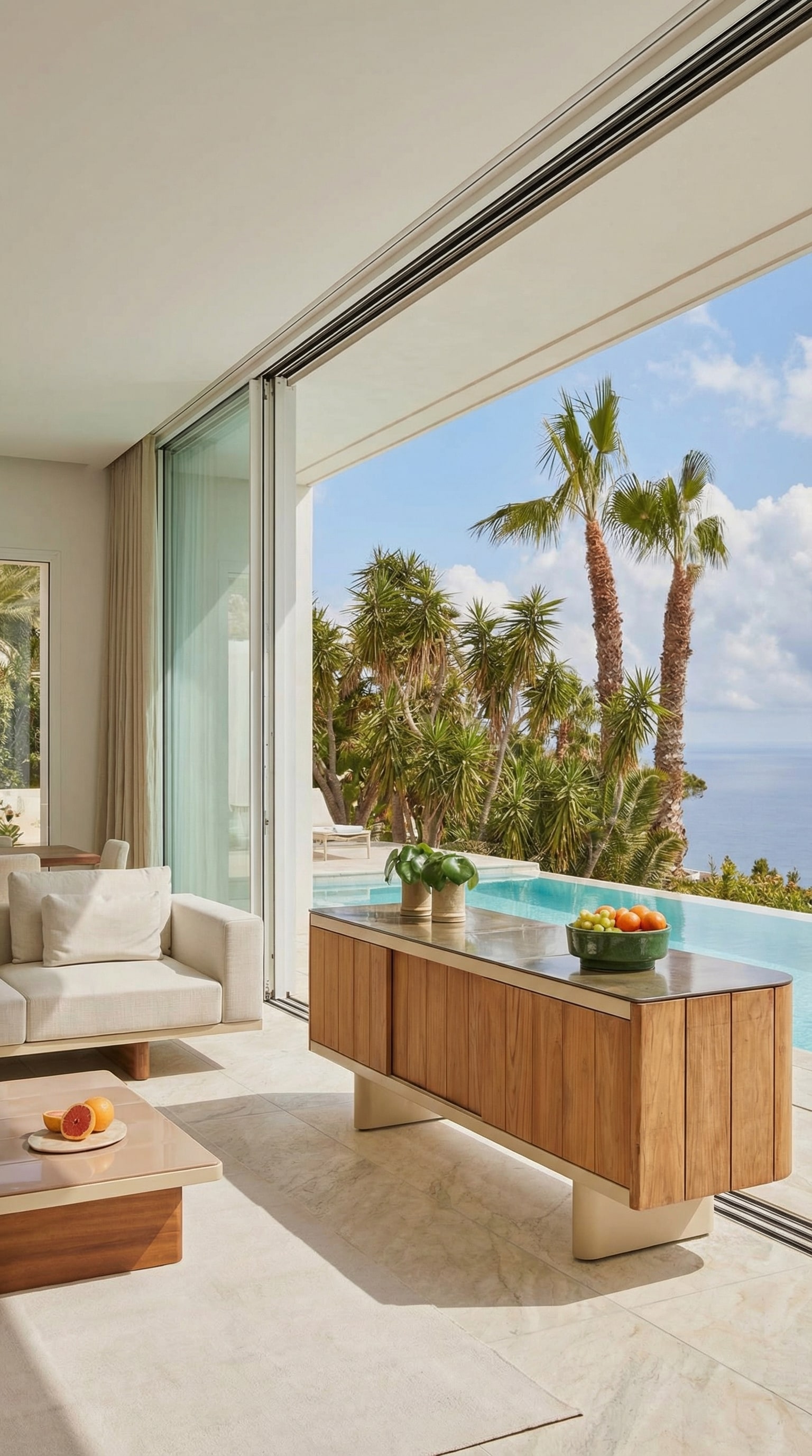 Luxuriöses Outdoor-Sideboard aus Teakholz auf einer sonnigen Terrasse mit Blick aufs Meer. Luxuriöses Outdoor-Sideboard aus Teakholz auf einer sonnigen Terrasse mit Blick aufs Meer.