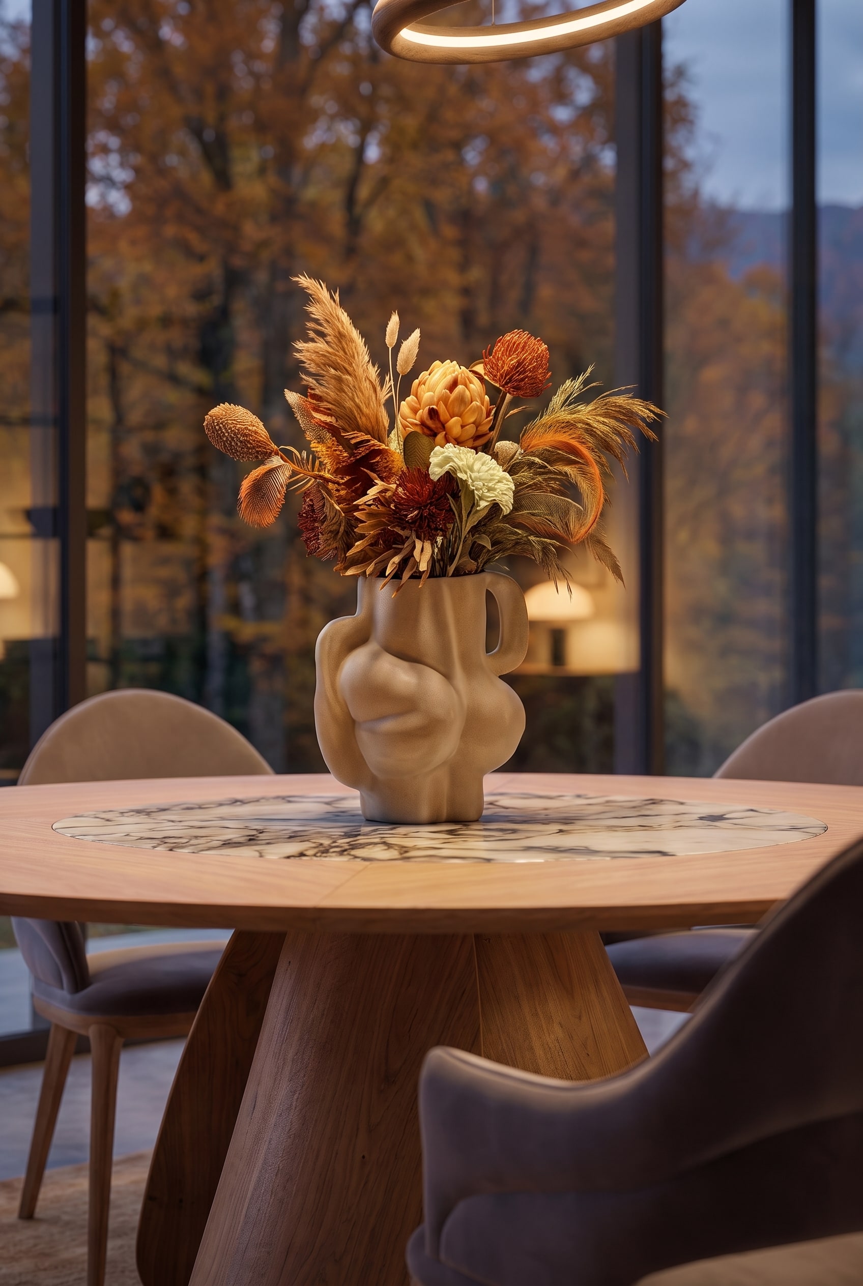 Skulpturale Keramikvase mit herbstlichem Trockenblumenstrau&szlig; zentral auf einer hellen Marmortischplatte.