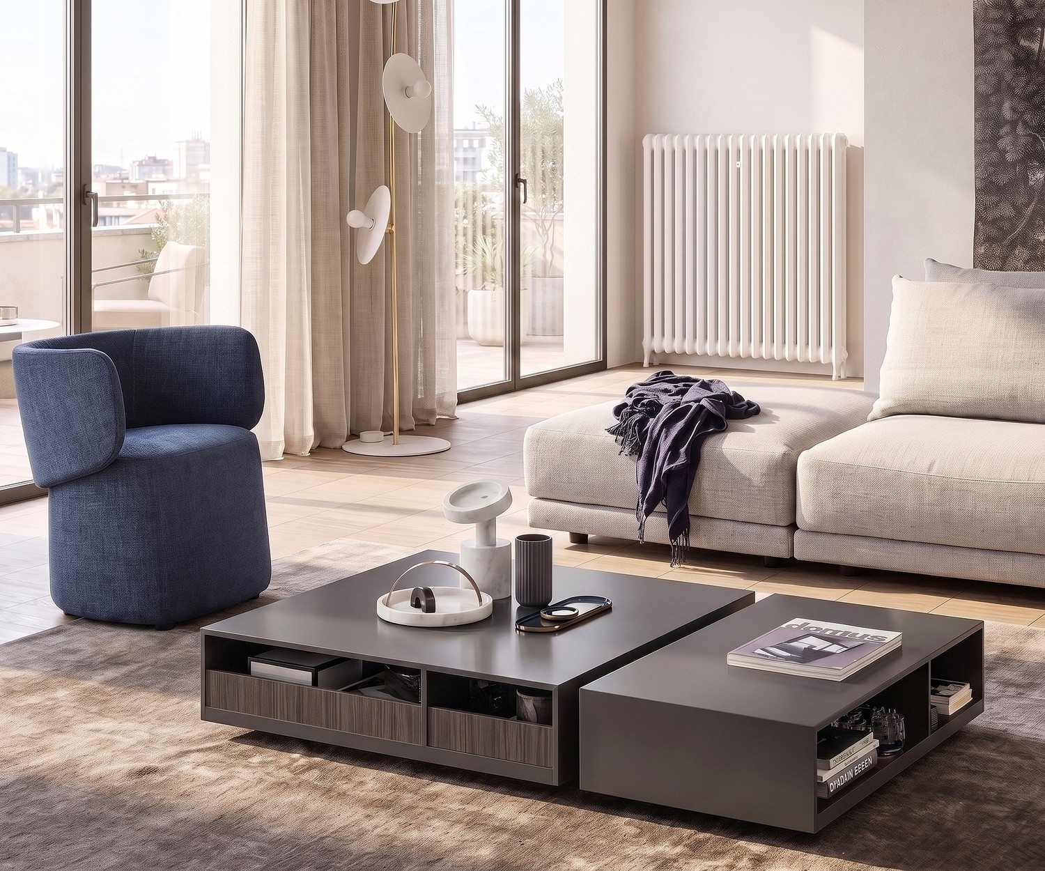 Novamobili Couchtisch Seven mit Ablagefächern Novamobili Couchtisch Seven mit Fächern für das Wohnzimmer, moderner grauer Couchtisch vor hellem Sofa und Sessel.
