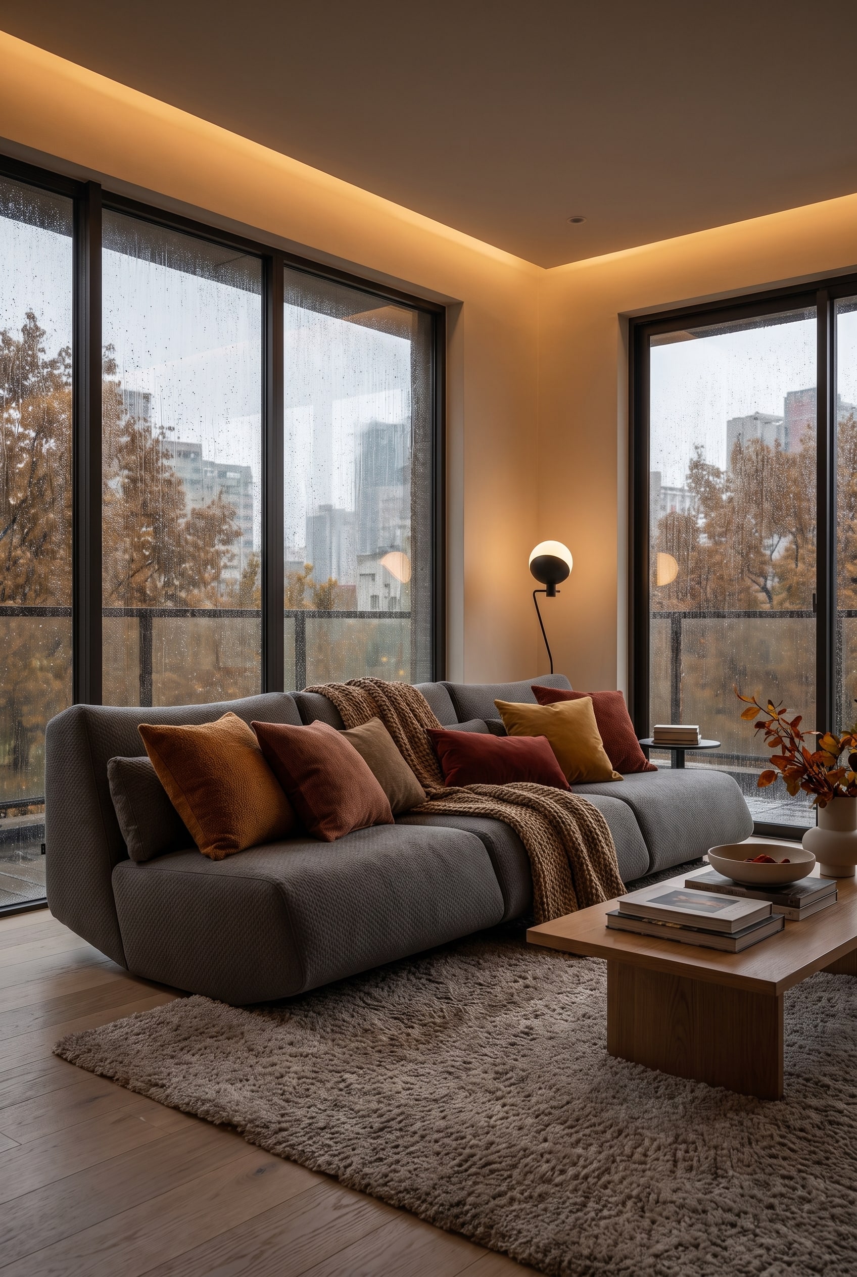 Ein extratiefer Lounge-Sessel in warmen Herbstfarben, dekoriert mit einer kuscheligen Wolldecke und Kissen, in einem gemütlich beleuchteten Wohnzimmer.