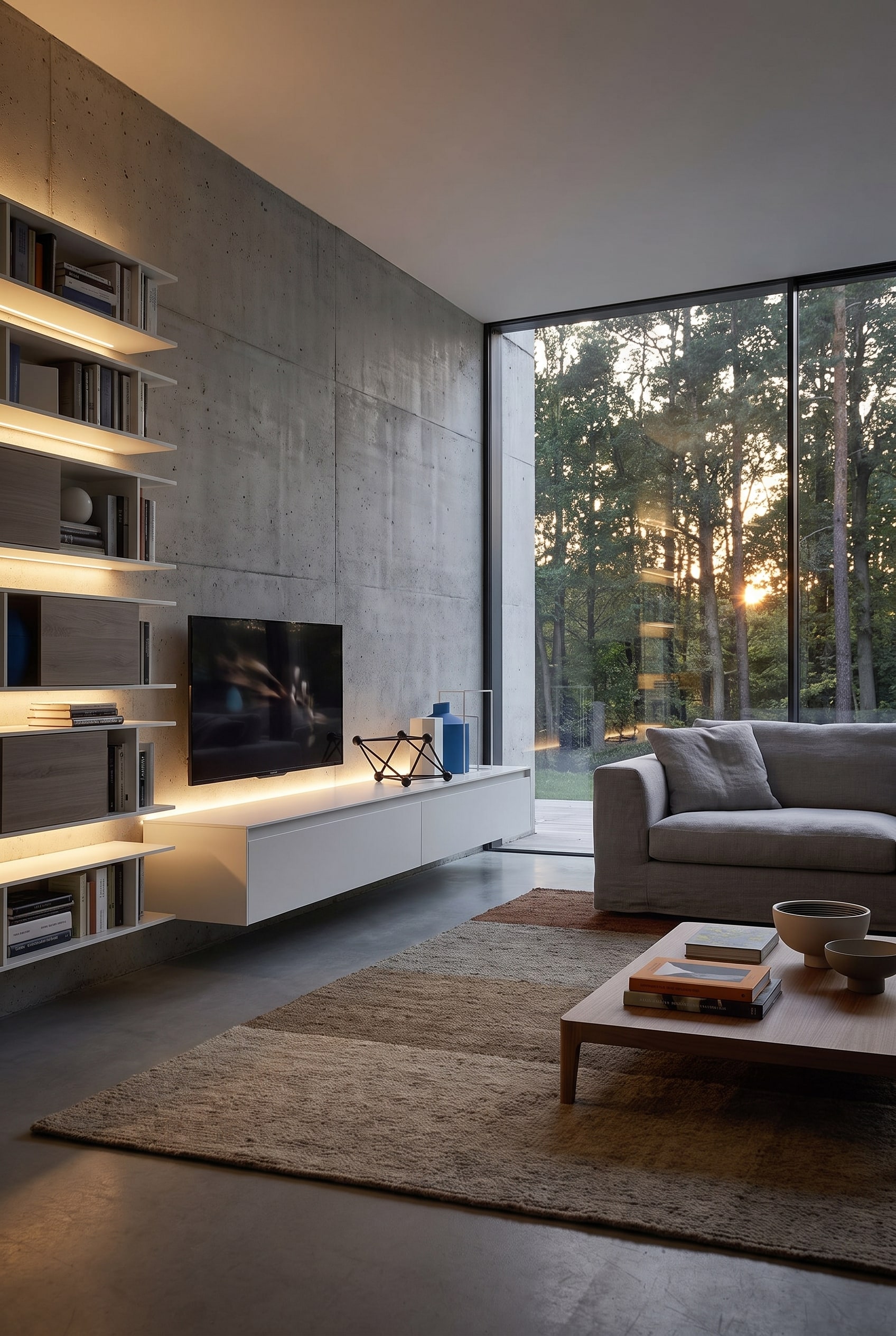 Zwevend wit tv-meubel voor een zichtbetonnen muur in een moderne woonkamer met grote ramen en een grijze bank.