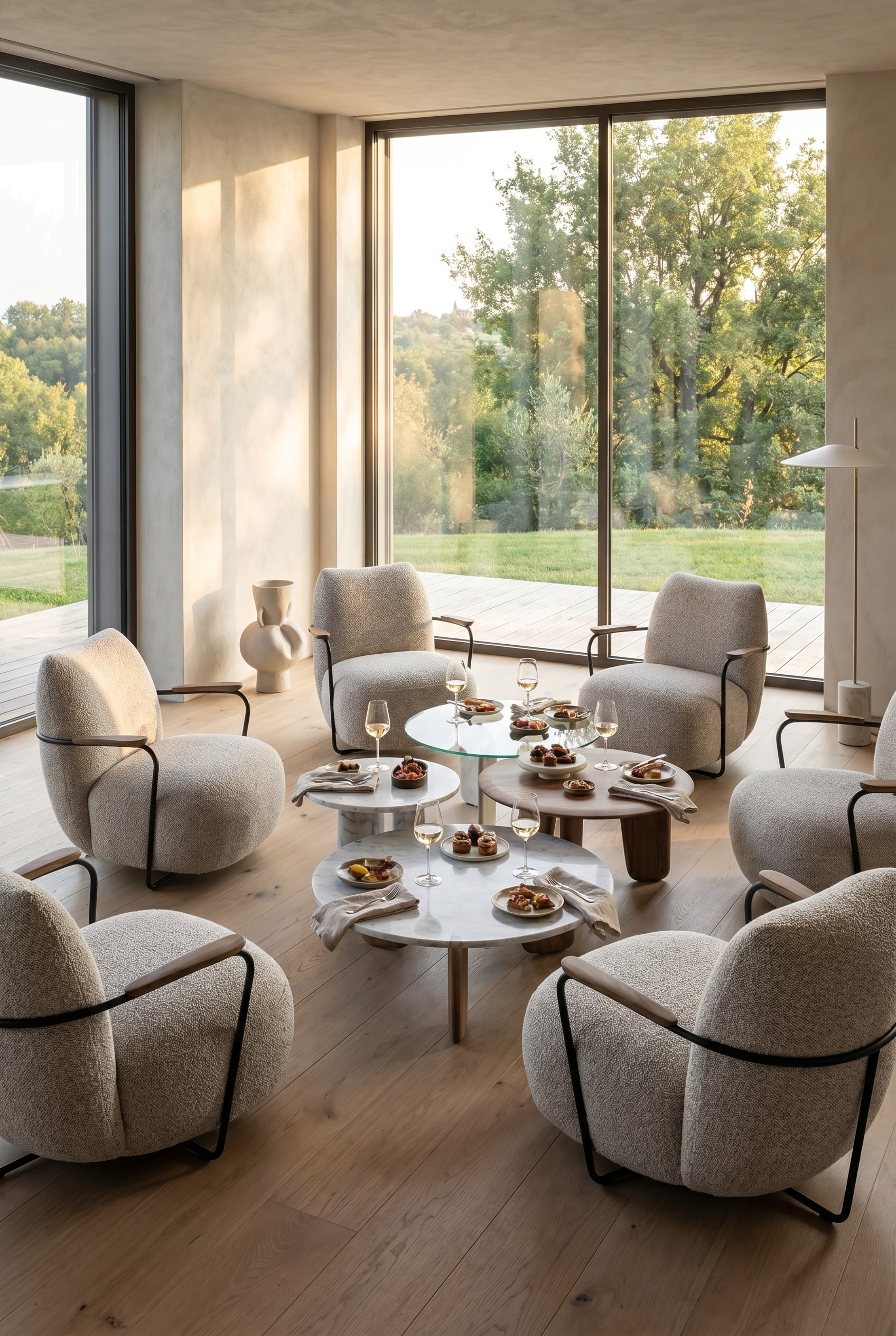 Ronde loungefauteuil met gestructureerde bouclé-bekleding staat gezellig aan de eettafel voor kamerhoge panoramaramen