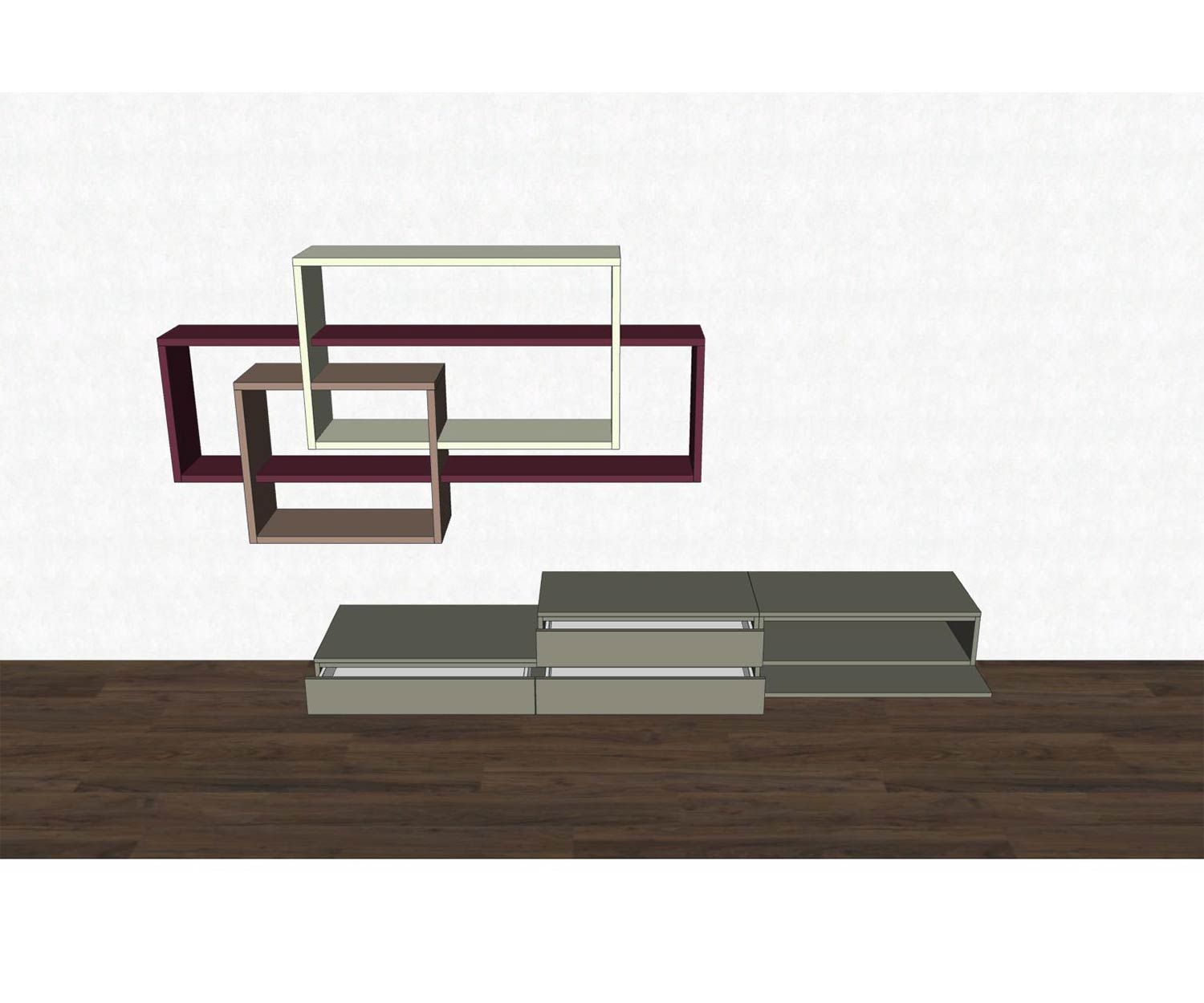 Livitalia Design Wohnwand C59 mit geöffneten Elementen farbig markiert Livitalia Design Wohnwand C59 mit geöffneten Elementen farbig markiert