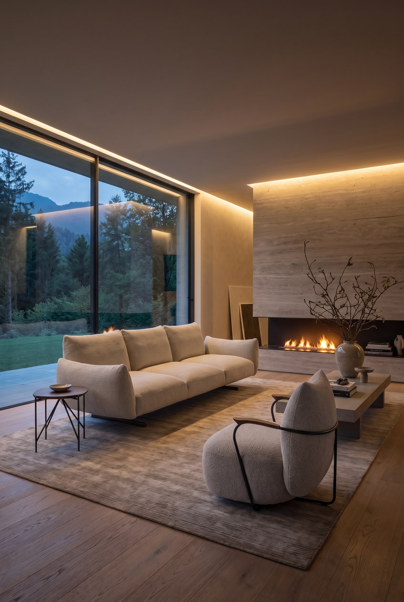 Moderne woonkamer met royale bank in afgeronde vorm, lichte boucl&eacute;-bekleding en een elegante fauteuil voor grote raampartijen
