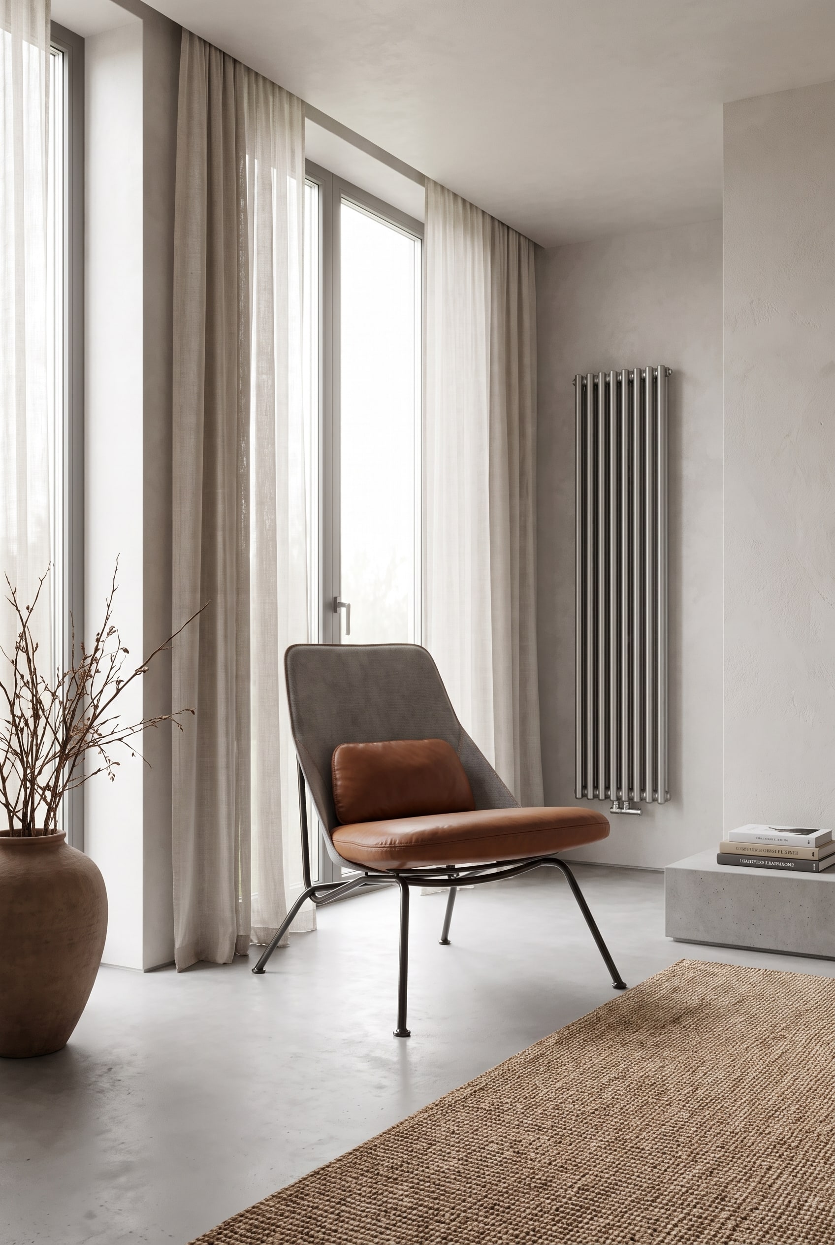 Ein eleganter, brauner Ledersessel steht frei in einem modernen Wohnzimmer, mit sicherem thermischen Abstand zu den großen Fenstern und der Heizung.