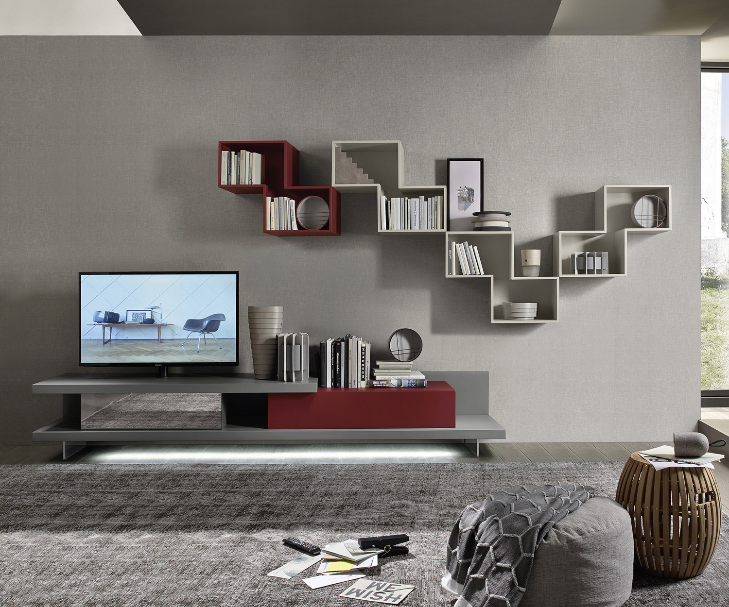 Tetris designer shelf modules as a large wall shelf above a design lowboard Tetris designer shelf modules as a large wall shelf above a design lowboard