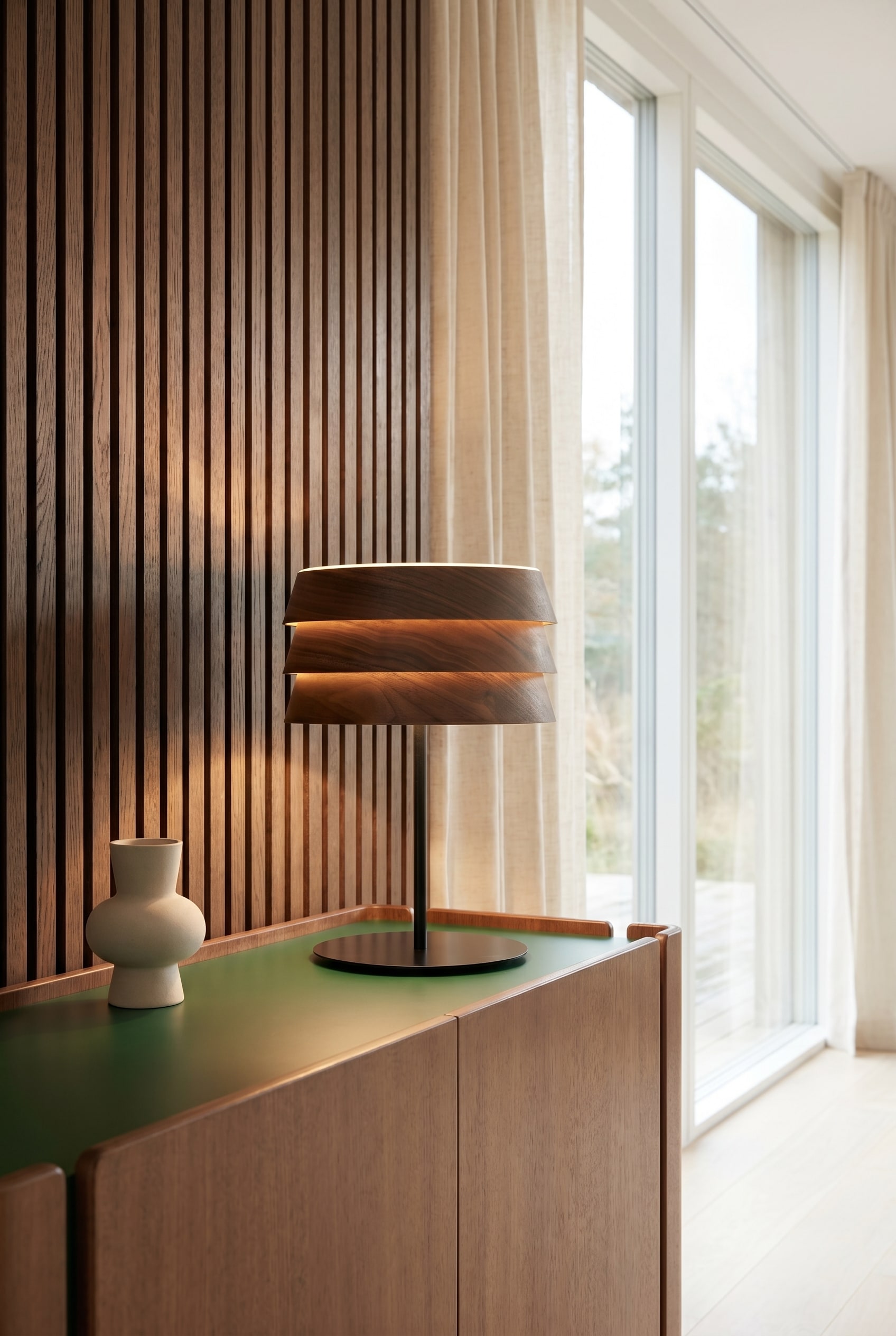 Dressoir van hout voor een lamellenwand, daarop een tafellamp met houten lamellenkap, die warm strijklicht werpt